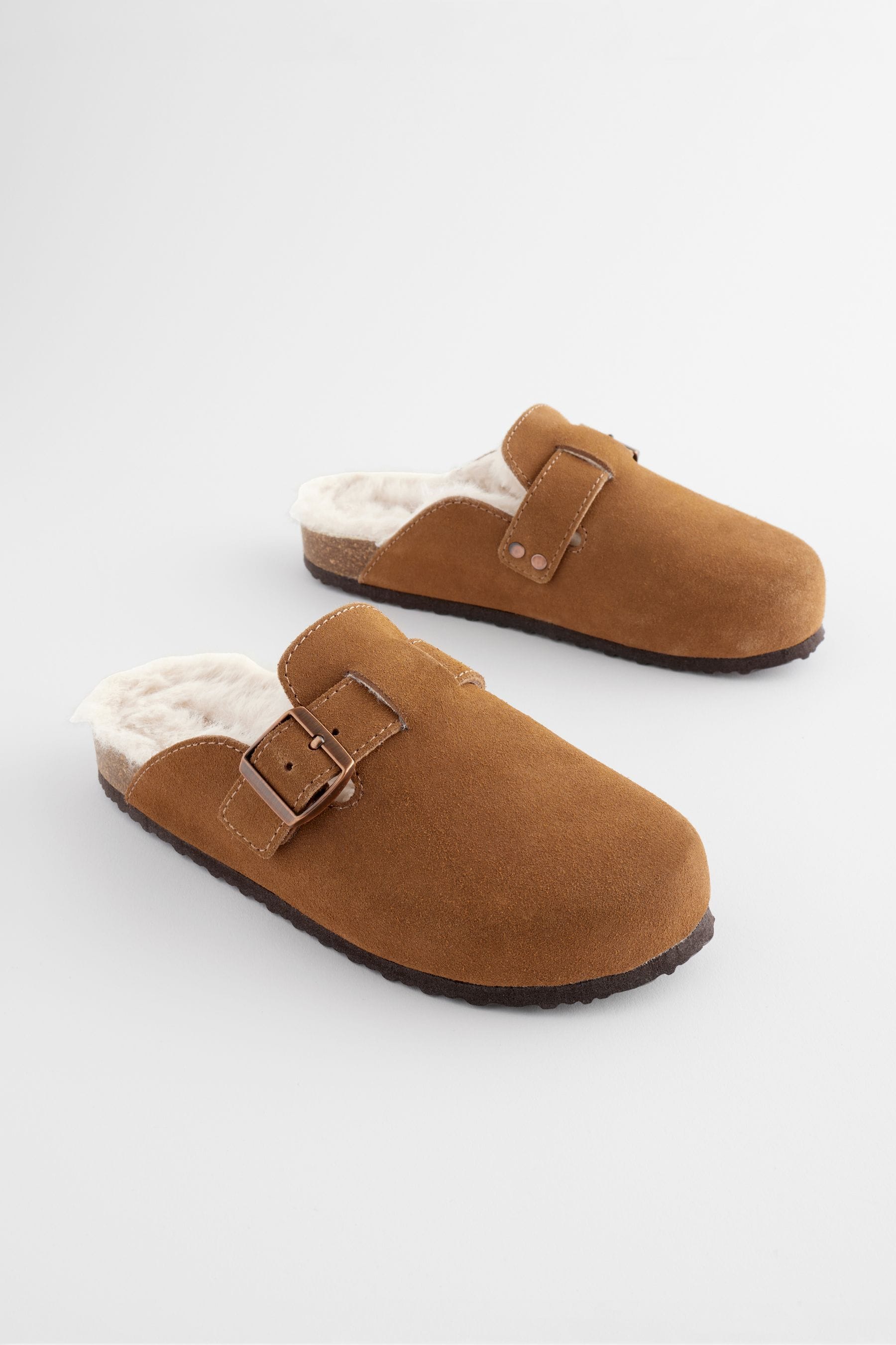 Tan Brown Suede Faux fur lined Slip On Clogs