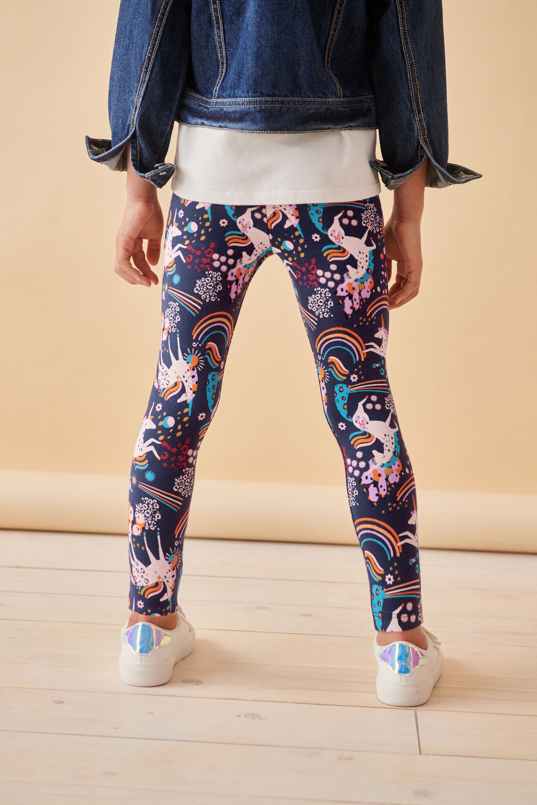 Navy Unicorn Rainbow Printed Leggings (3-16yrs)