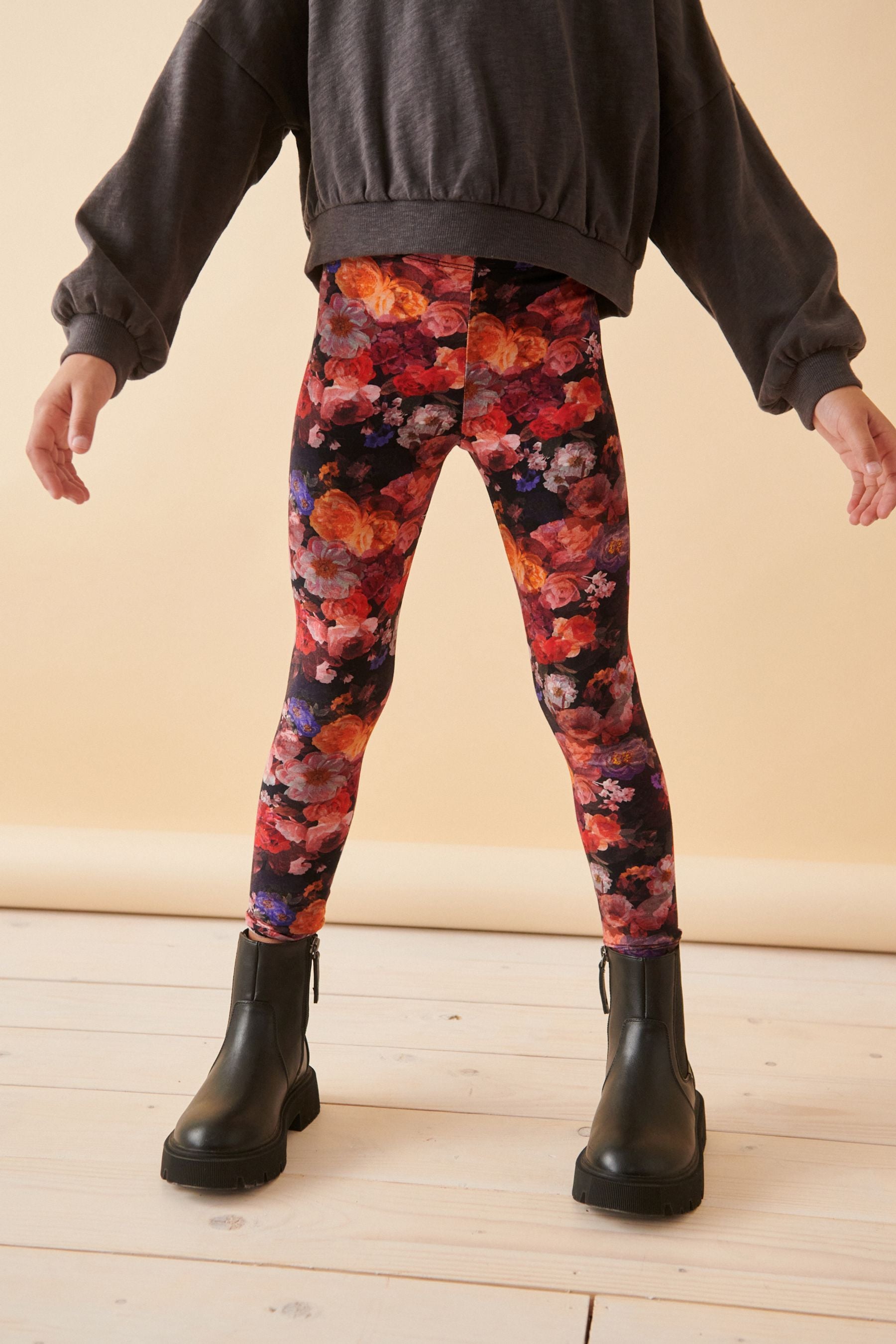 Black Floral Printed Leggings (3-16yrs)