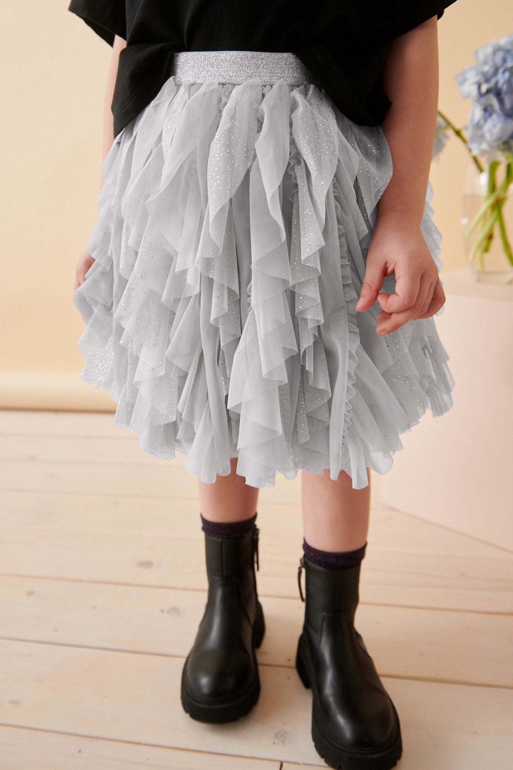 Grey/Silver Sparkle Tiered Tulle Mesh Skirt (3-16yrs)