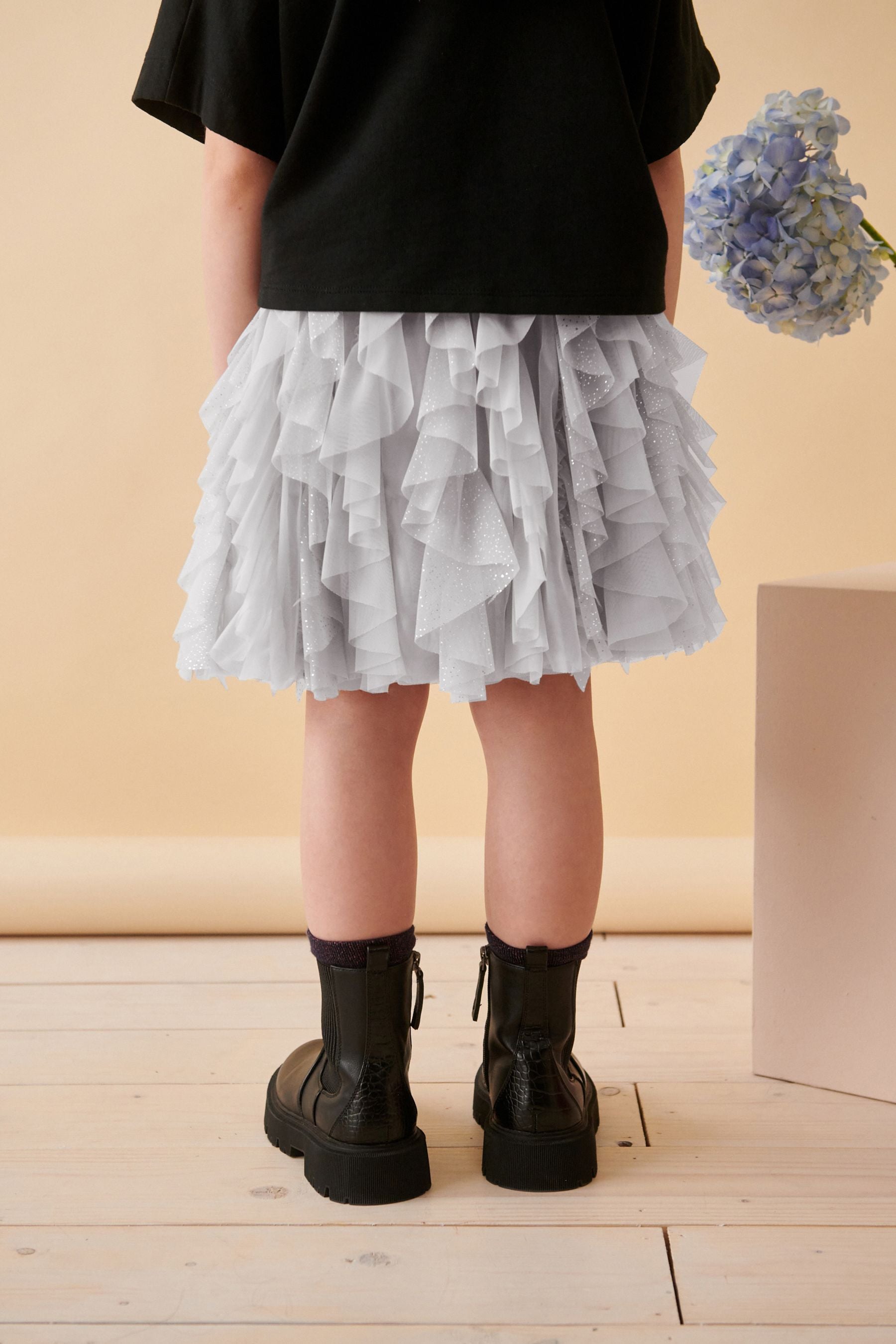 Grey/Silver Sparkle Tiered Tulle Mesh Skirt (3-16yrs)