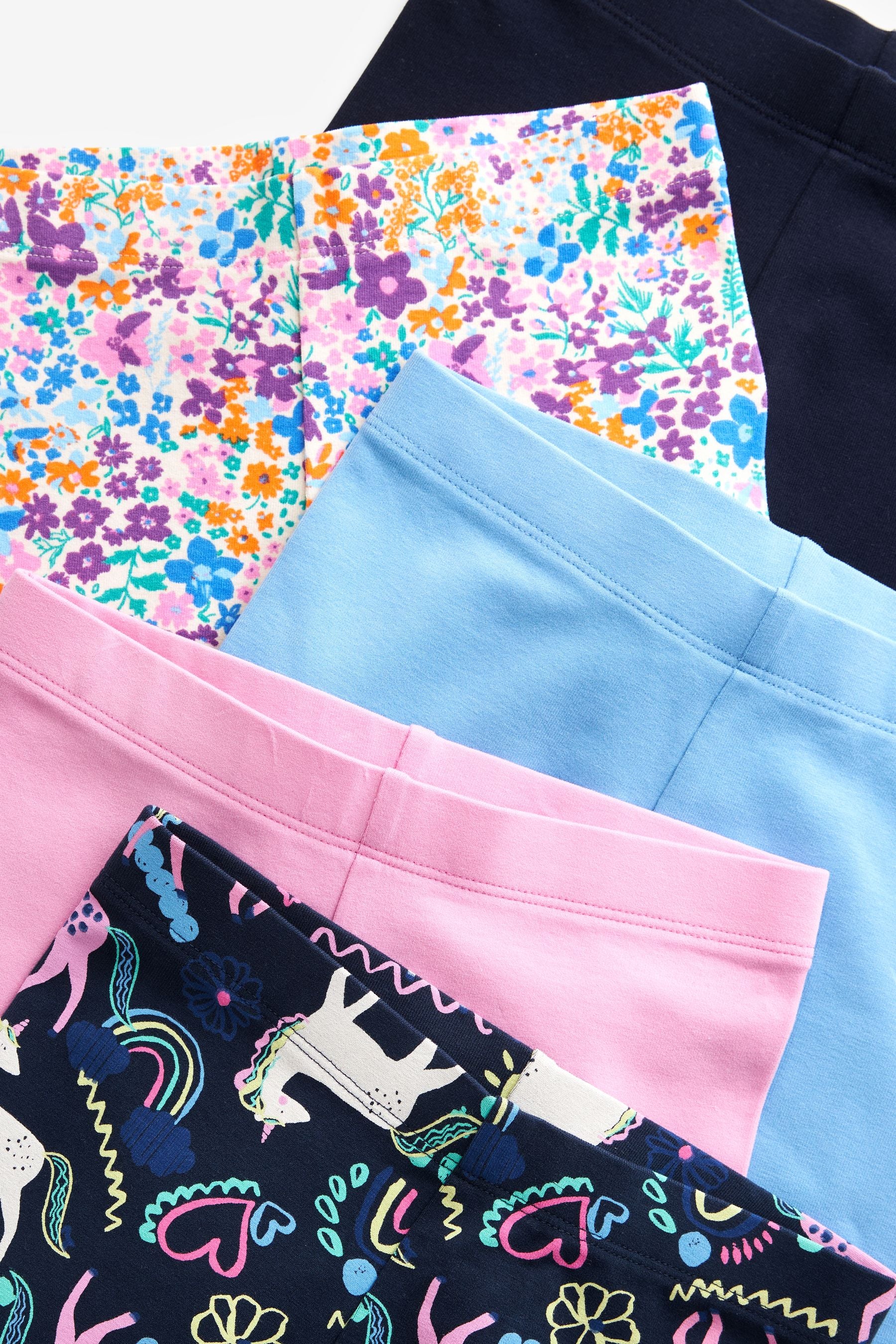 Blue/Pink Floral/Navy Unicorn Leggings 5 Pack (3-16yrs)