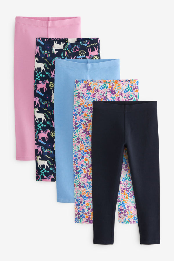 Blue/Pink Floral/Navy Unicorn Leggings 5 Pack (3-16yrs)