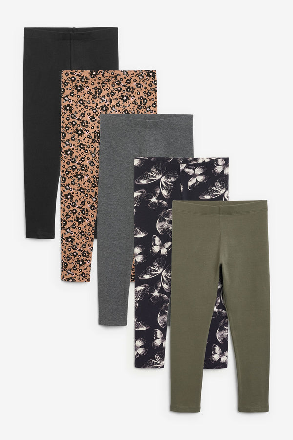 Khaki Green/Charcoal Grey/Purple Butterfly Leggings 5 Pack (3-16yrs)