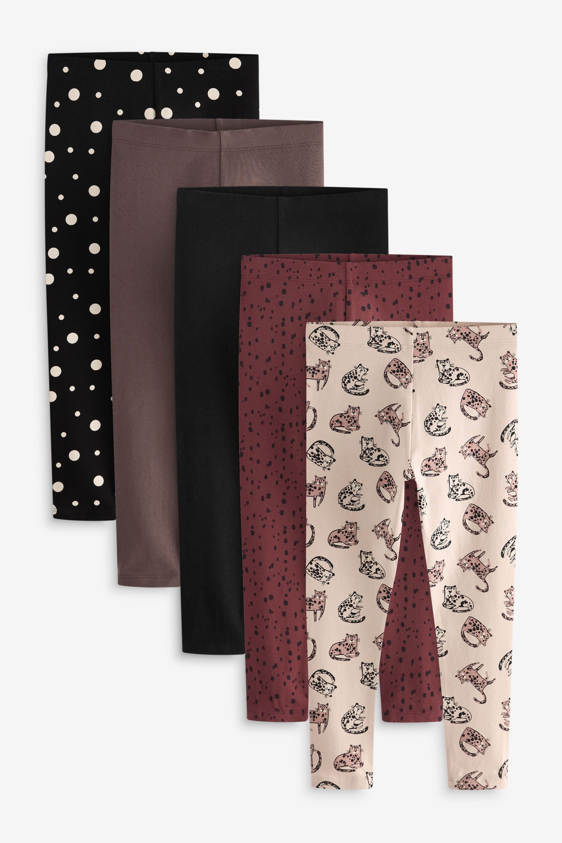 Rust Brown/Mono Spot/Neutral Character Leggings 5 Pack (3-16yrs)