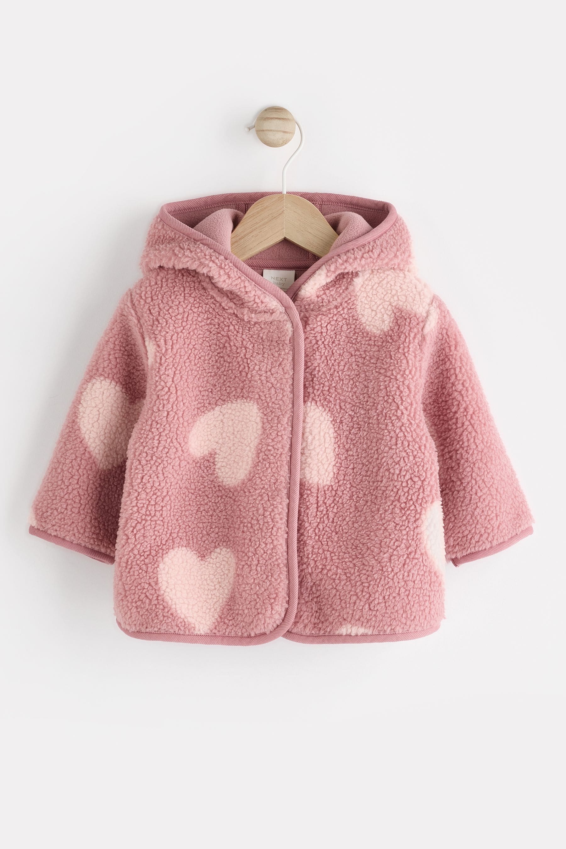 Pink Heart Print Baby Borg Fleece Jacket (0mths-2yrs)