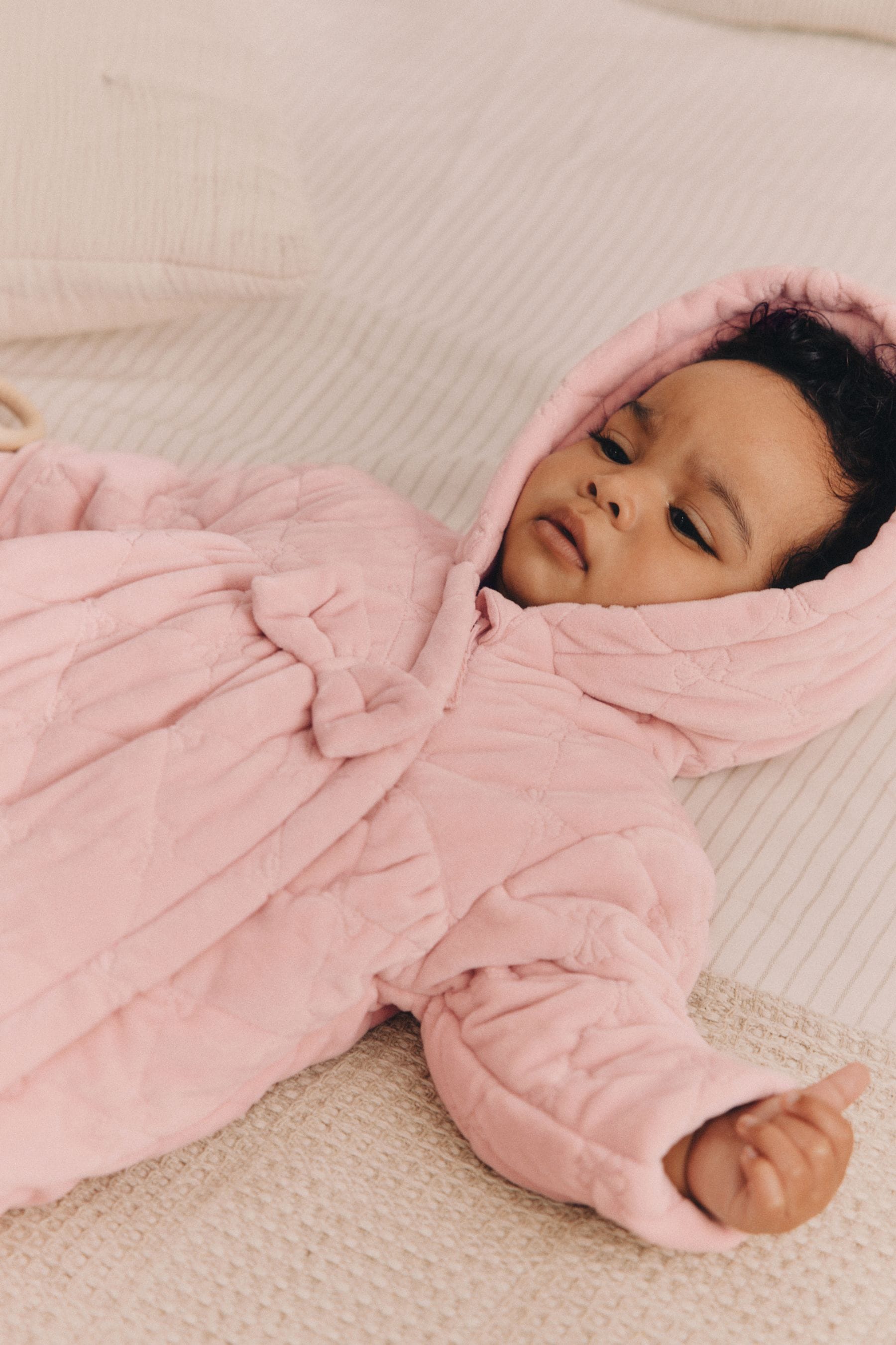 Pink Velour Quilted Fleece Lined Hooded Baby All-In-One Pramsuit (0mths-2yrs)