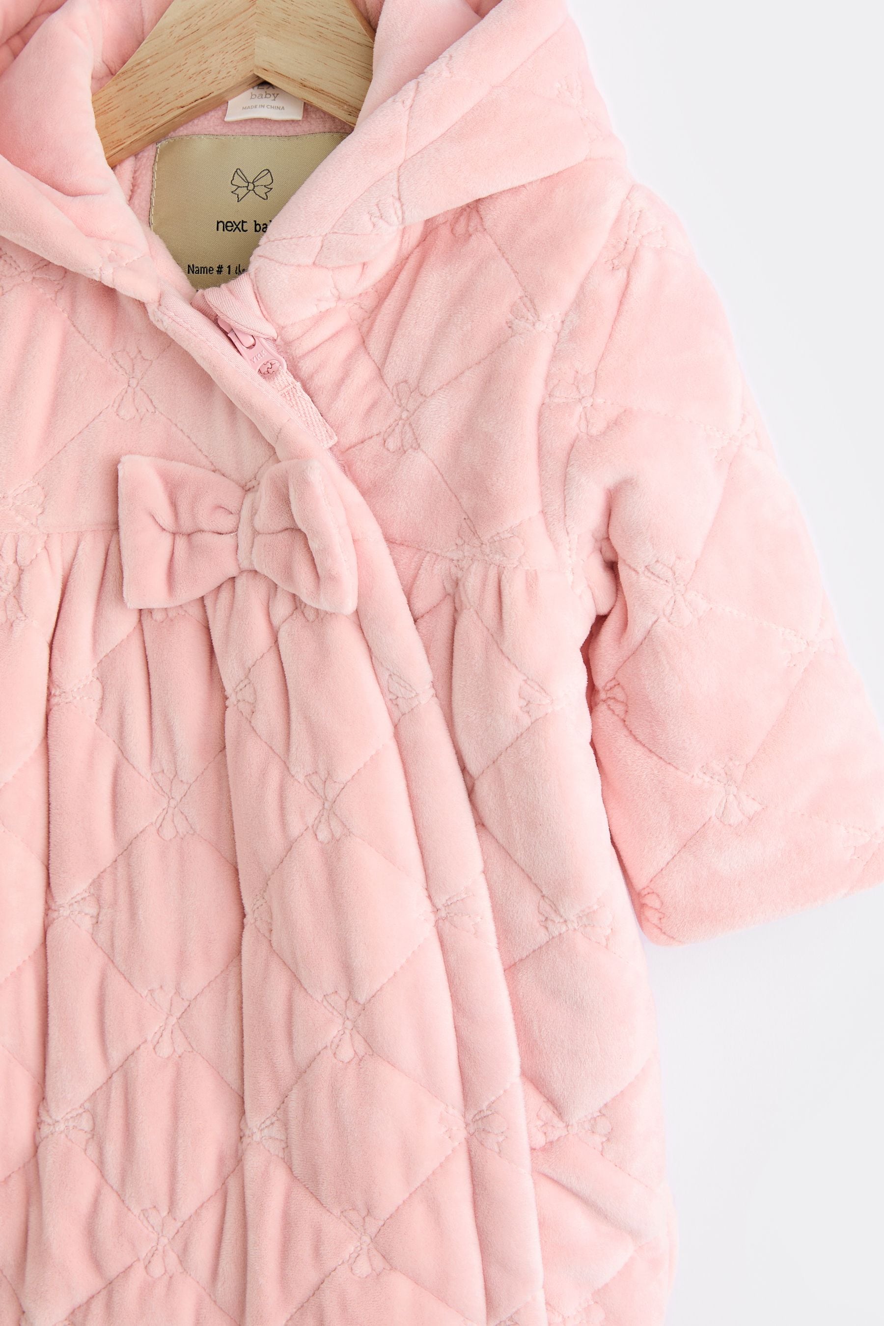 Pink Velour Quilted Fleece Lined Hooded Baby All-In-One Pramsuit (0mths-2yrs)