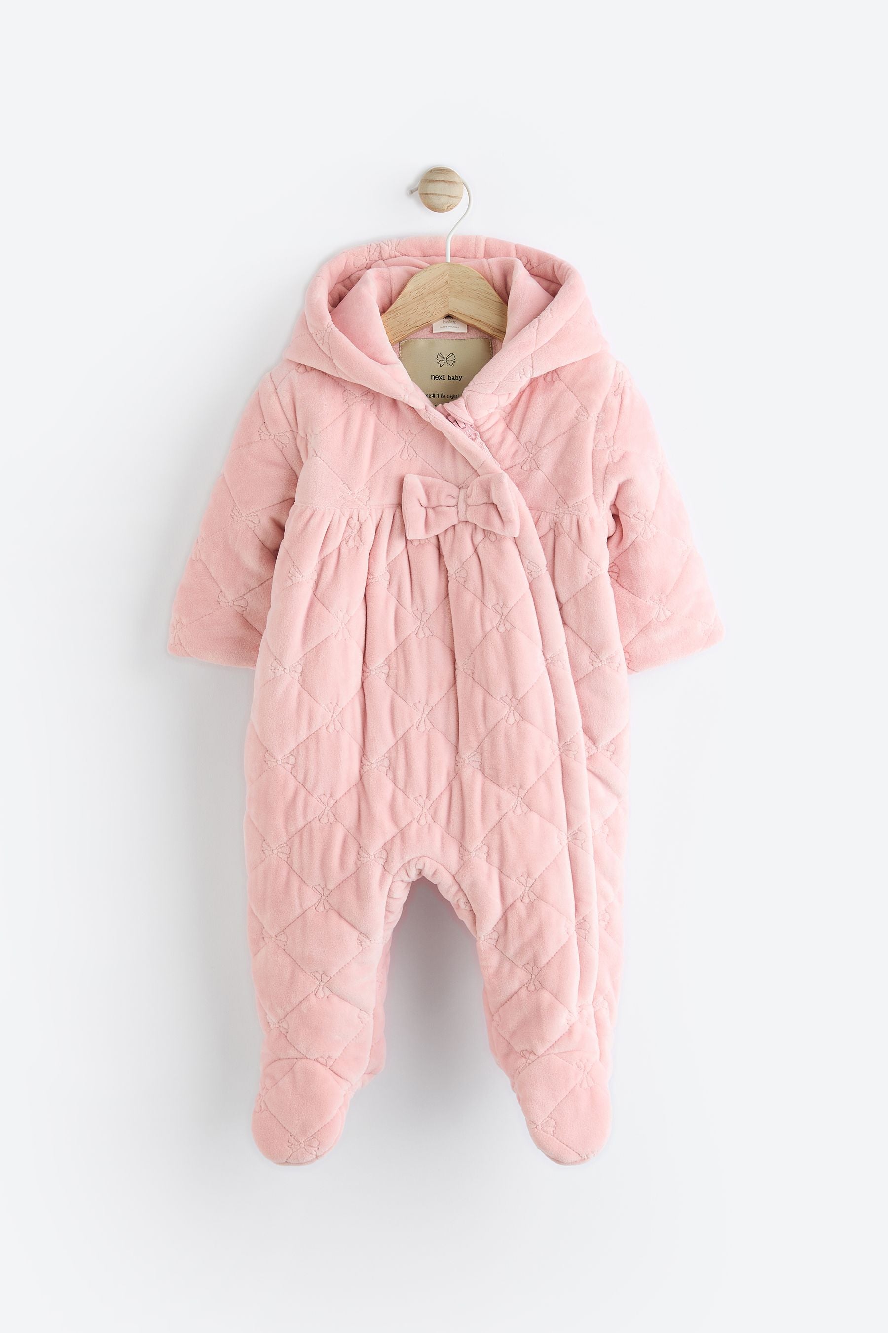 Pink Velour Quilted Fleece Lined Hooded Baby All-In-One Pramsuit (0mths-2yrs)