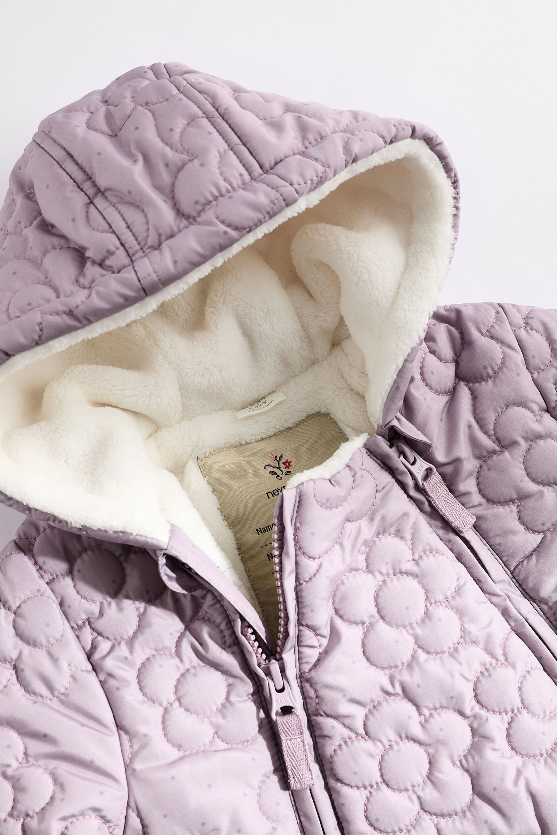 Purple Flower Fleece Lined Hooded Zip Quilted Baby All-In-One Pramsuit (0mths-2yrs)