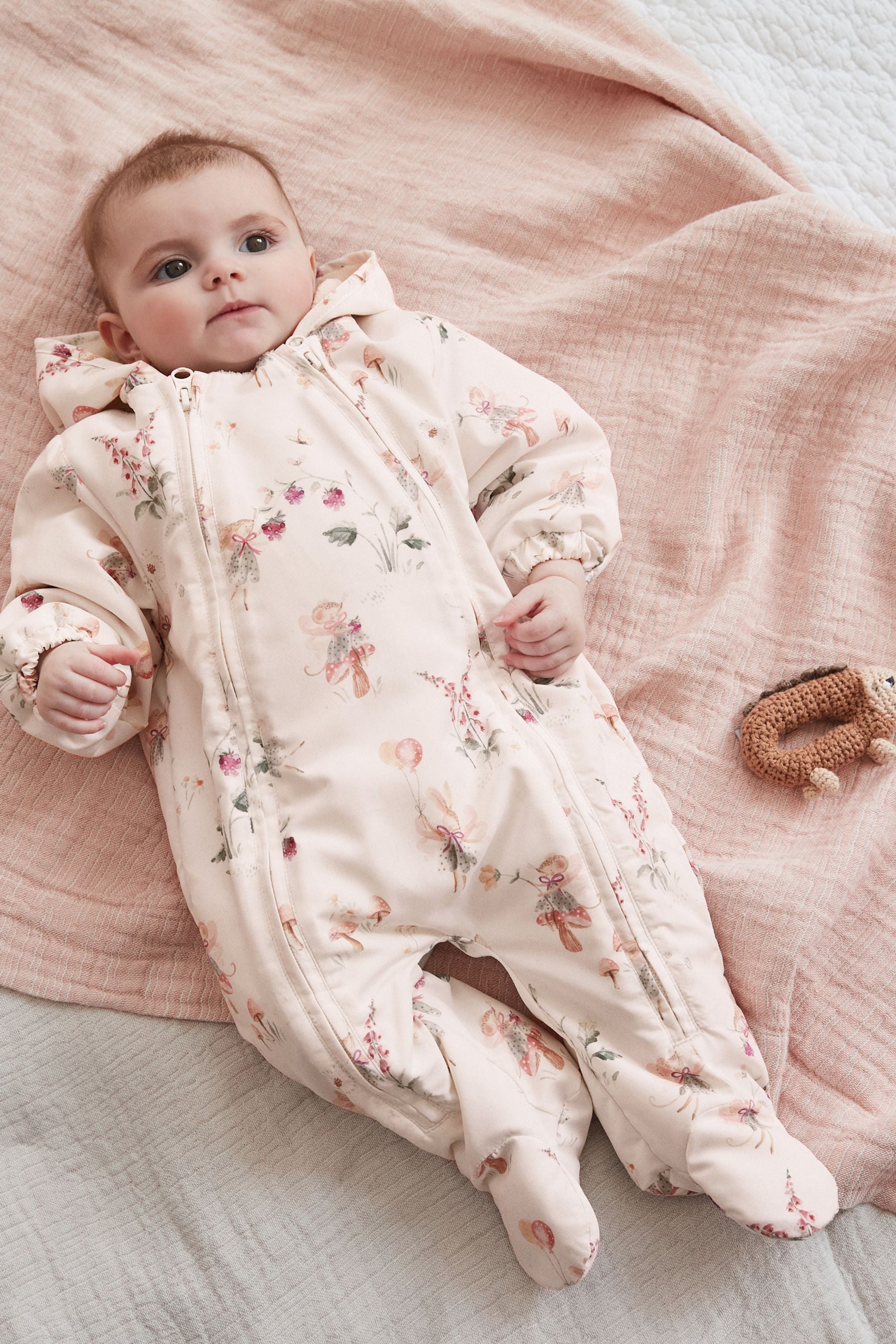 Ecru/ Pink Fairy Print Baby Packable All-In-One Pramsuit (0mths-2yrs)