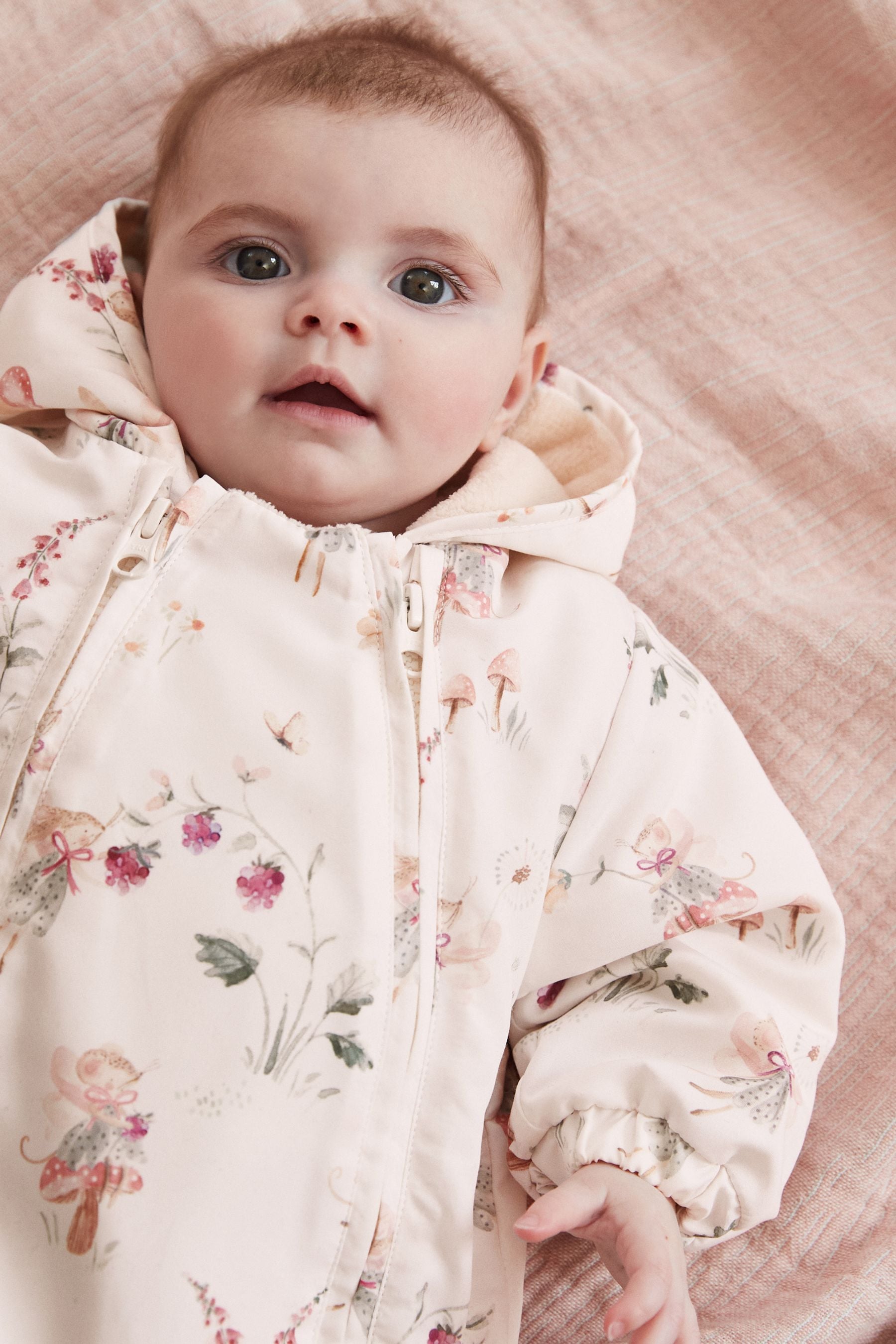 Ecru/ Pink Fairy Print Baby Zip Hooded All-In-One Pramsuit (0mths-2yrs)