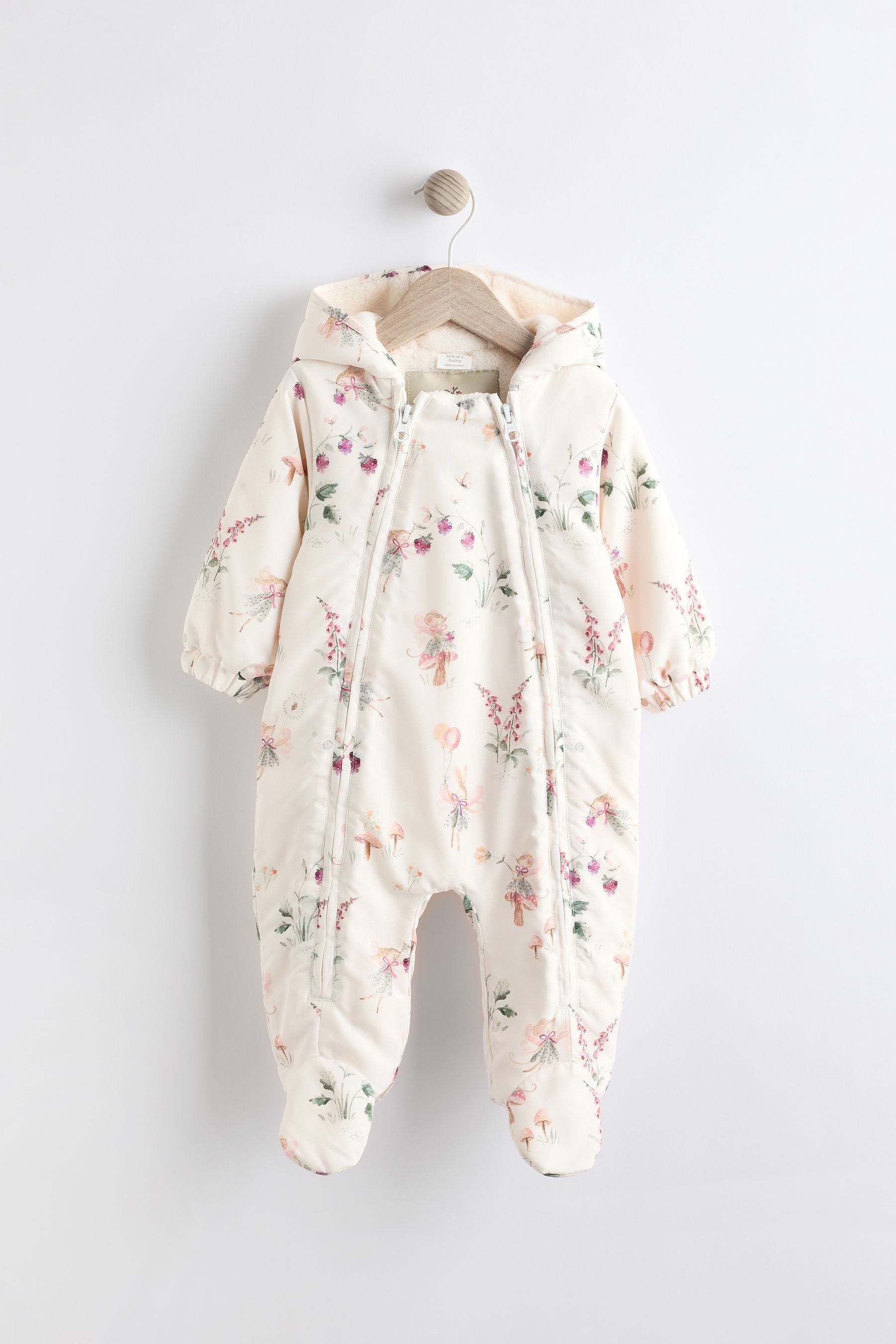 Ecru/ Pink Fairy Print Baby Packable All-In-One Pramsuit (0mths-2yrs)