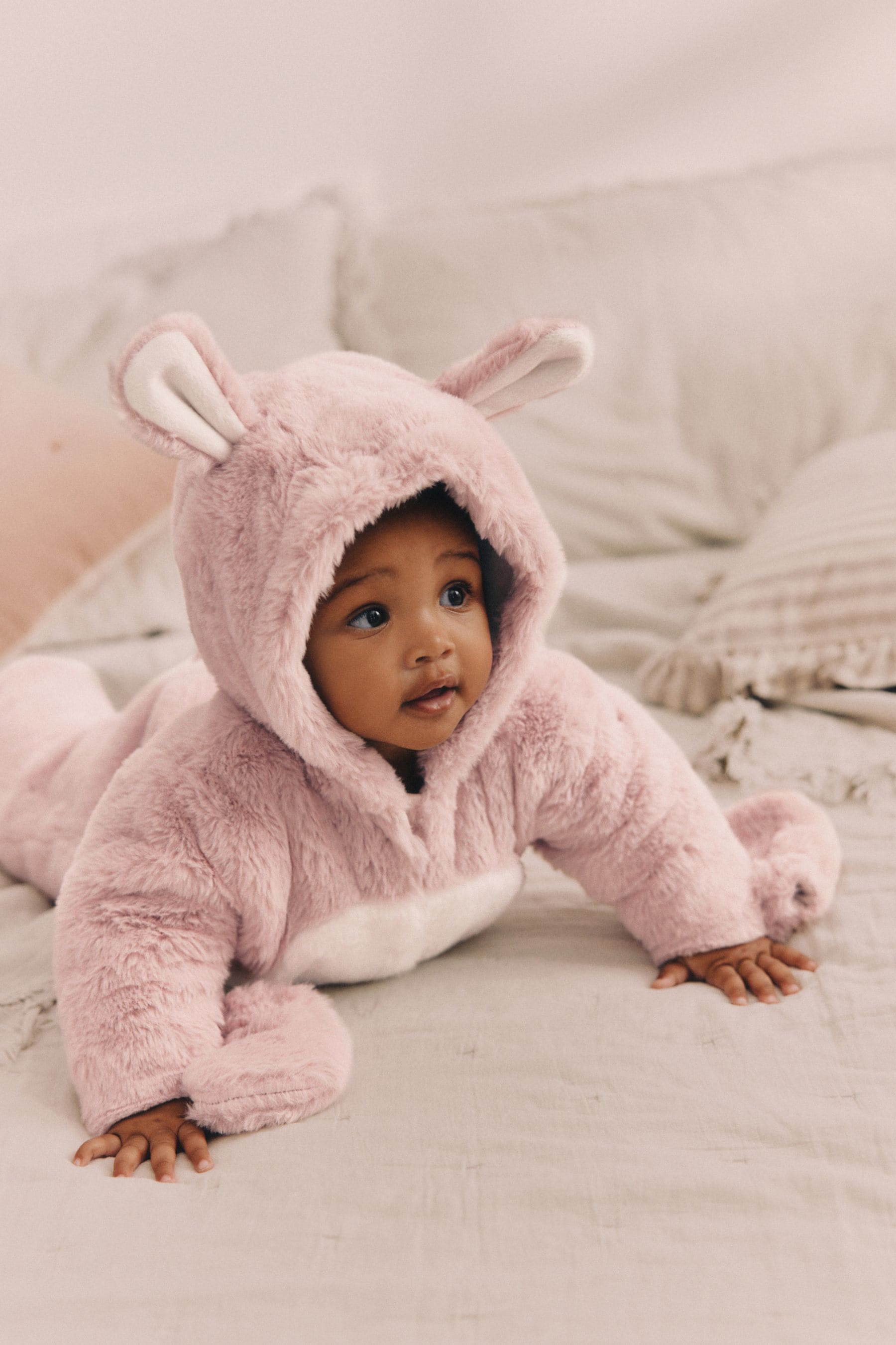 Pink Baby Faux Fur Cosy Hooded Pramsuit All-In-One (0mths-2yrs)