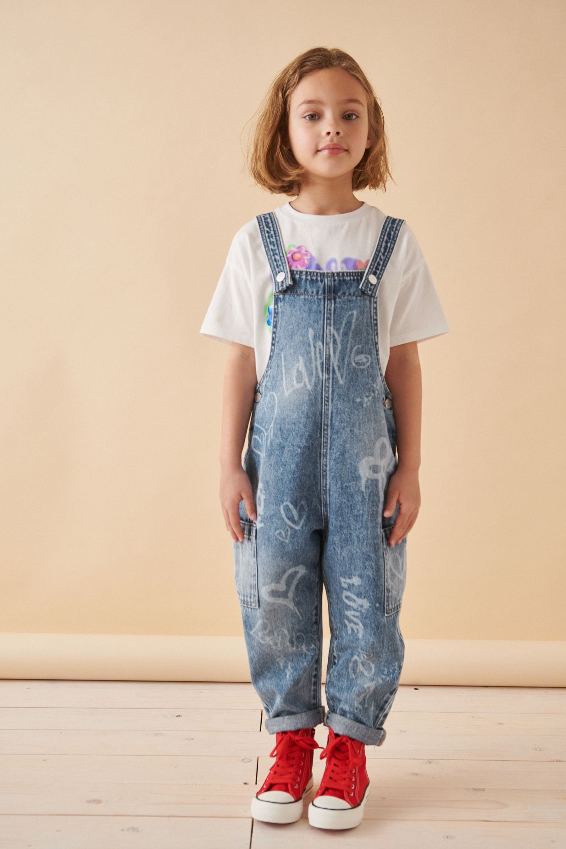 Mid Blue Graffiti Dungarees (3-16yrs)