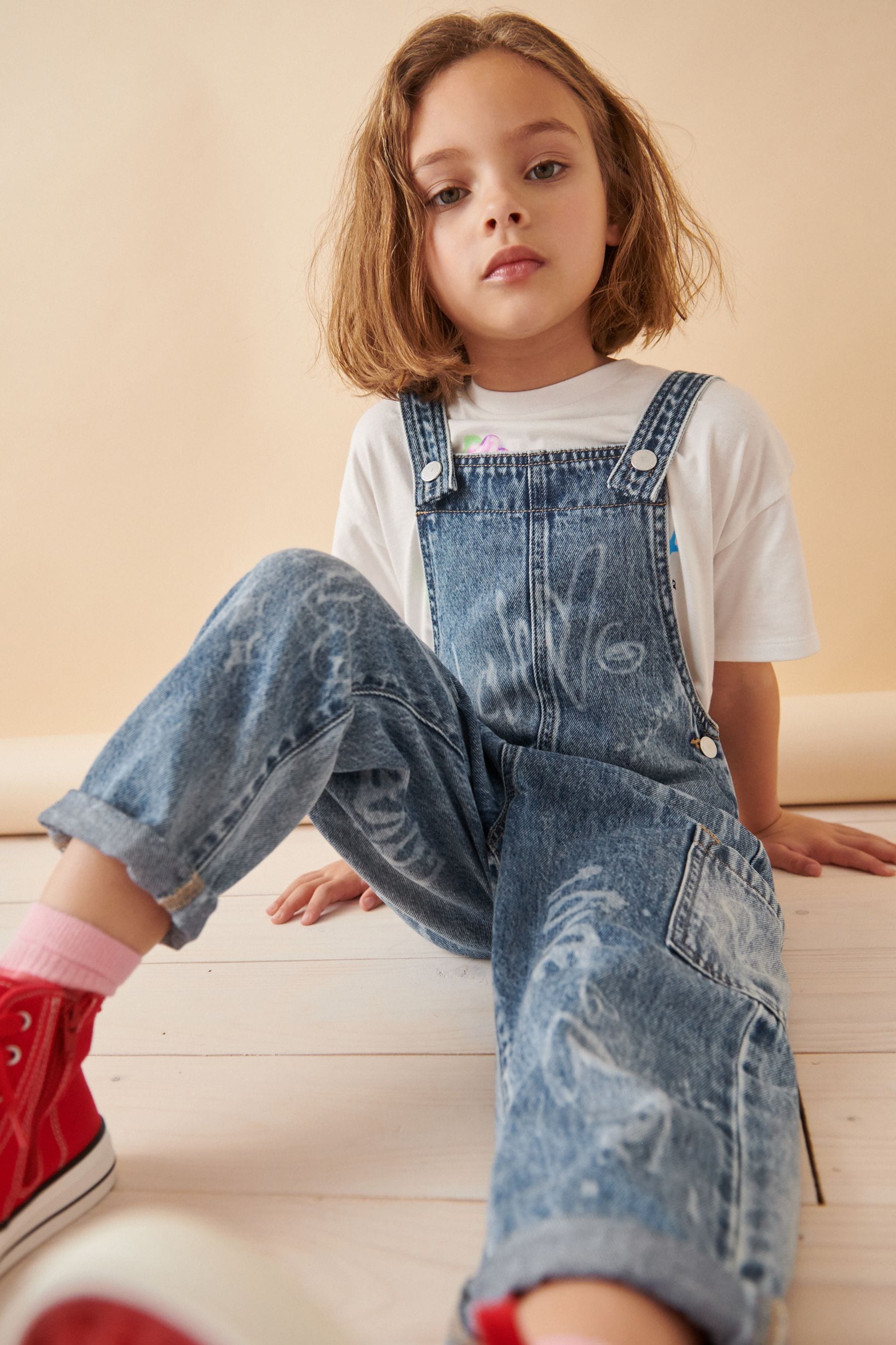 Mid Blue Graffiti Dungarees (3-16yrs)