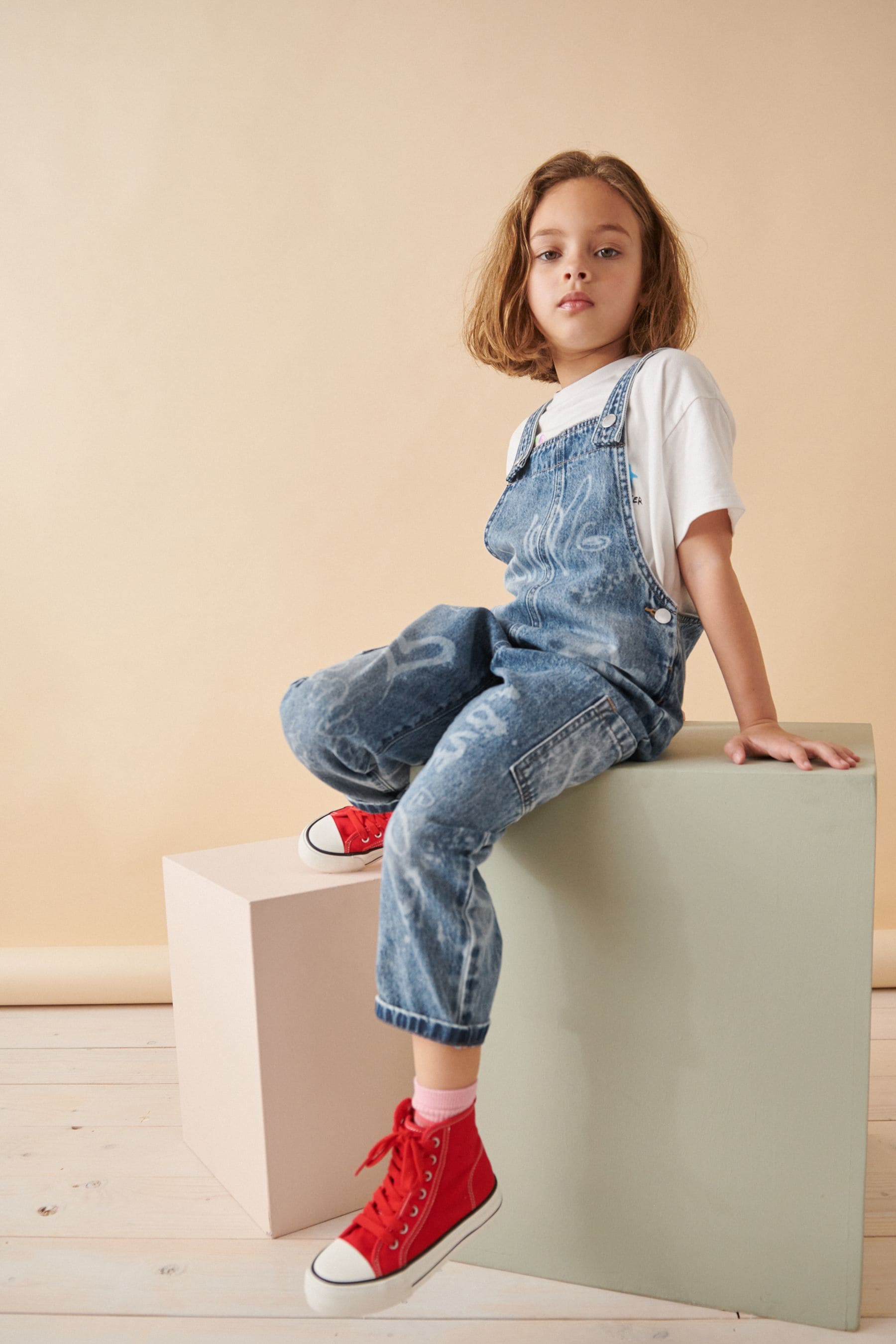 Mid Blue Graffiti Dungarees (3-16yrs)