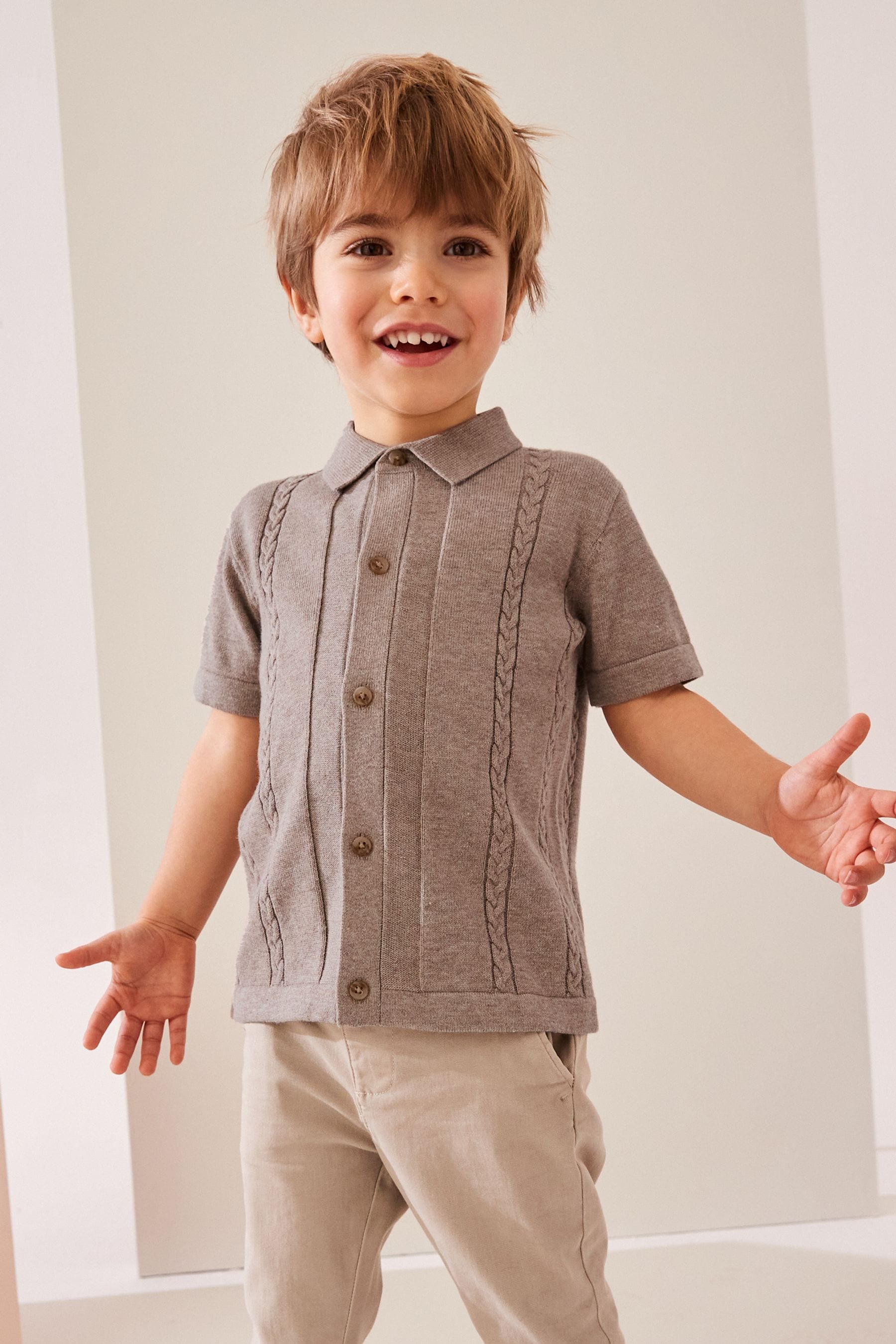 Neutral Short Sleeve Button 100% Cotton Through Polo Shirt (3mths-7yrs)