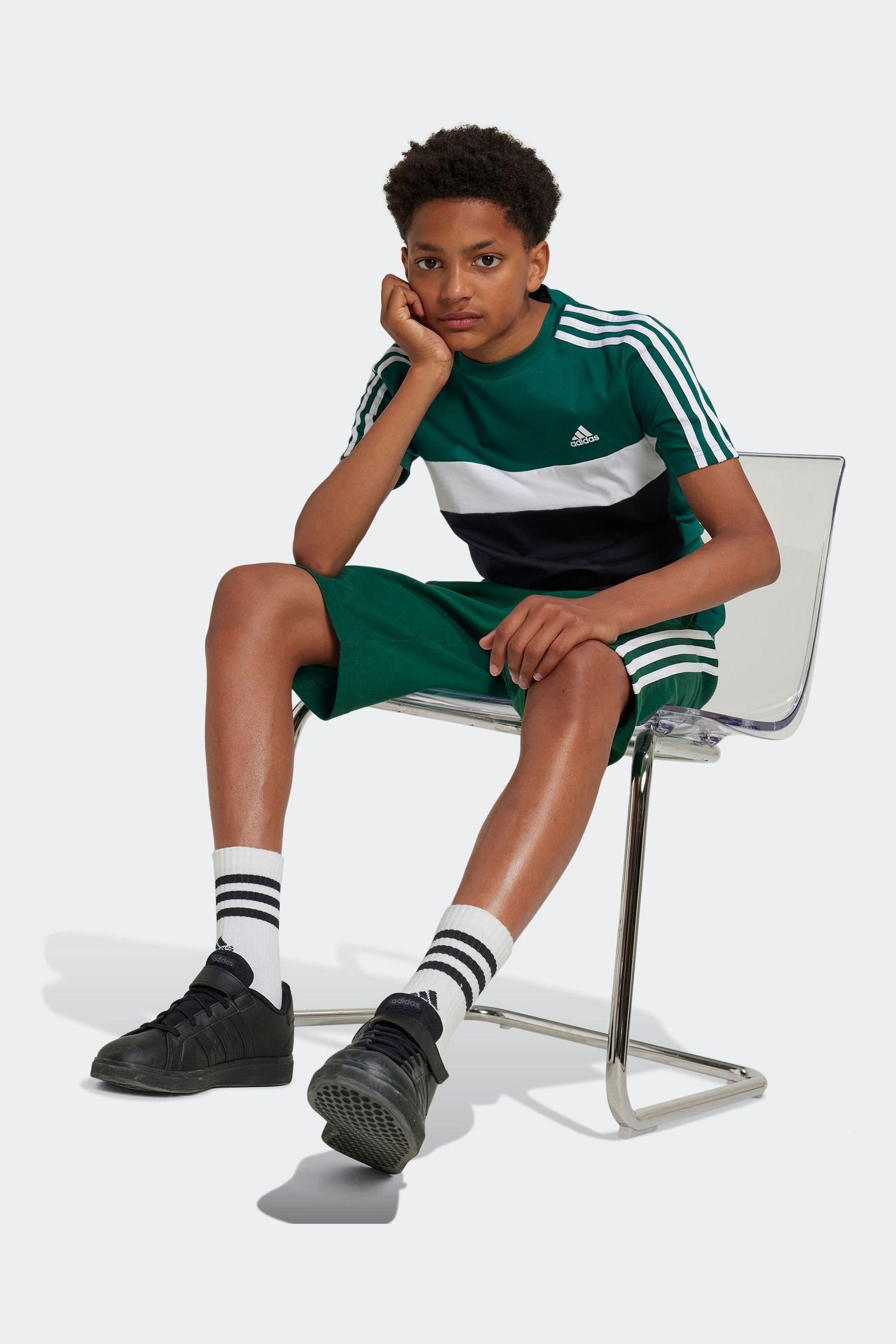 adidas Light Green Kids Sportswear Tiberio 3-Stripes Colourblock 100% Cotton T-Shirt