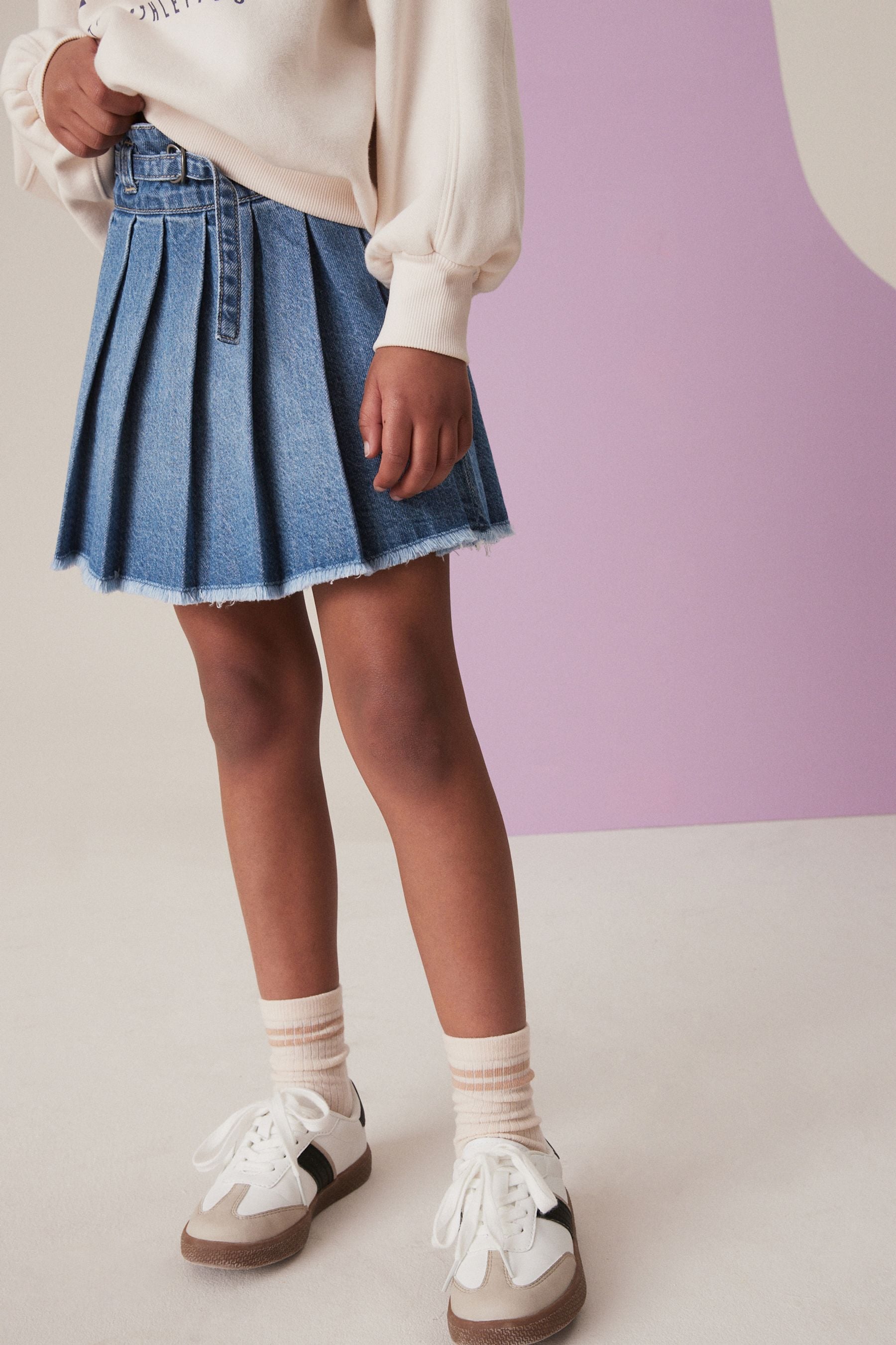 Mid Blue Denim Pleated 100% Cotton Skirt (3-16yrs)