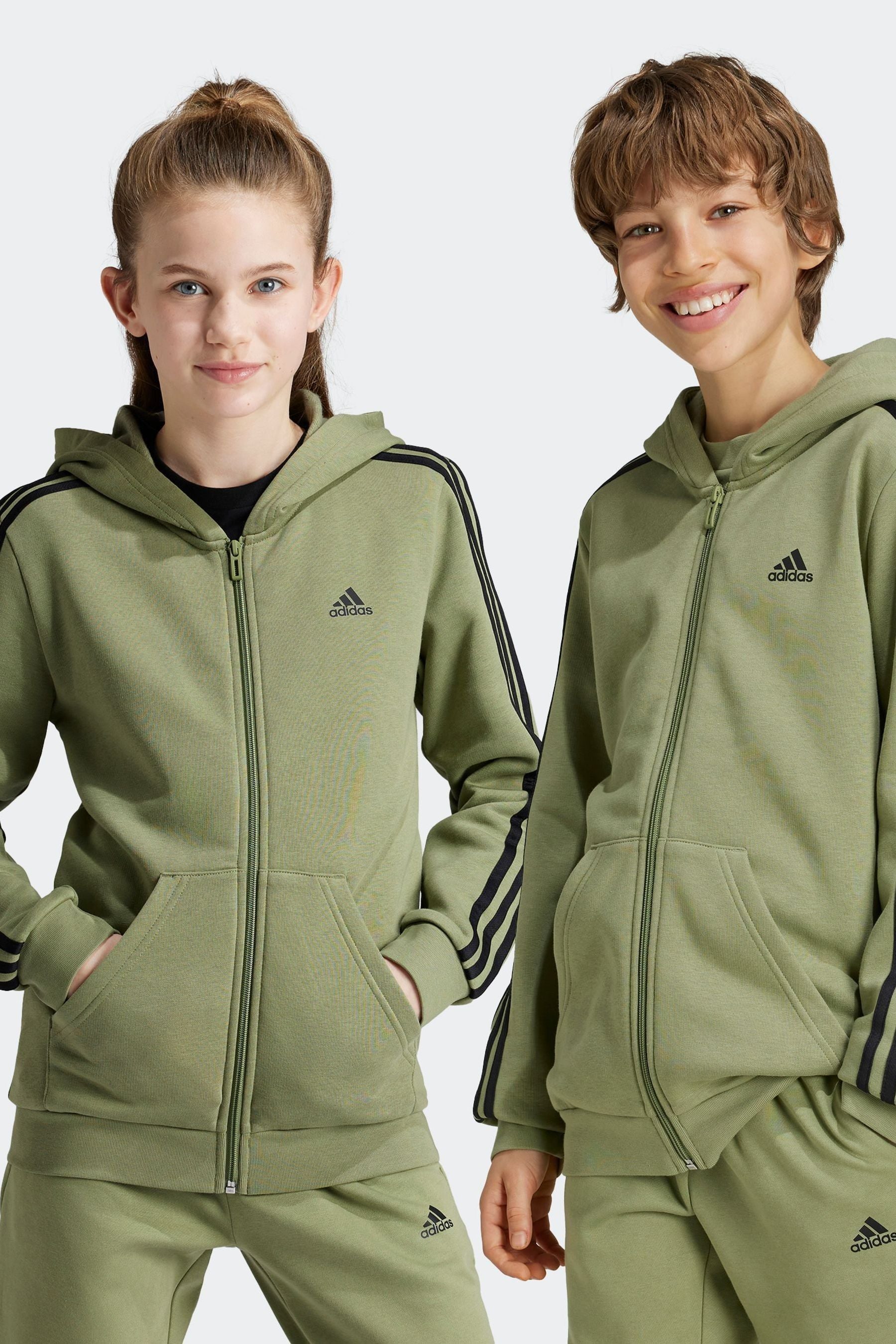 adidas Green 100% Cotton Essentials 3 Stripes Full Zip Hoodie