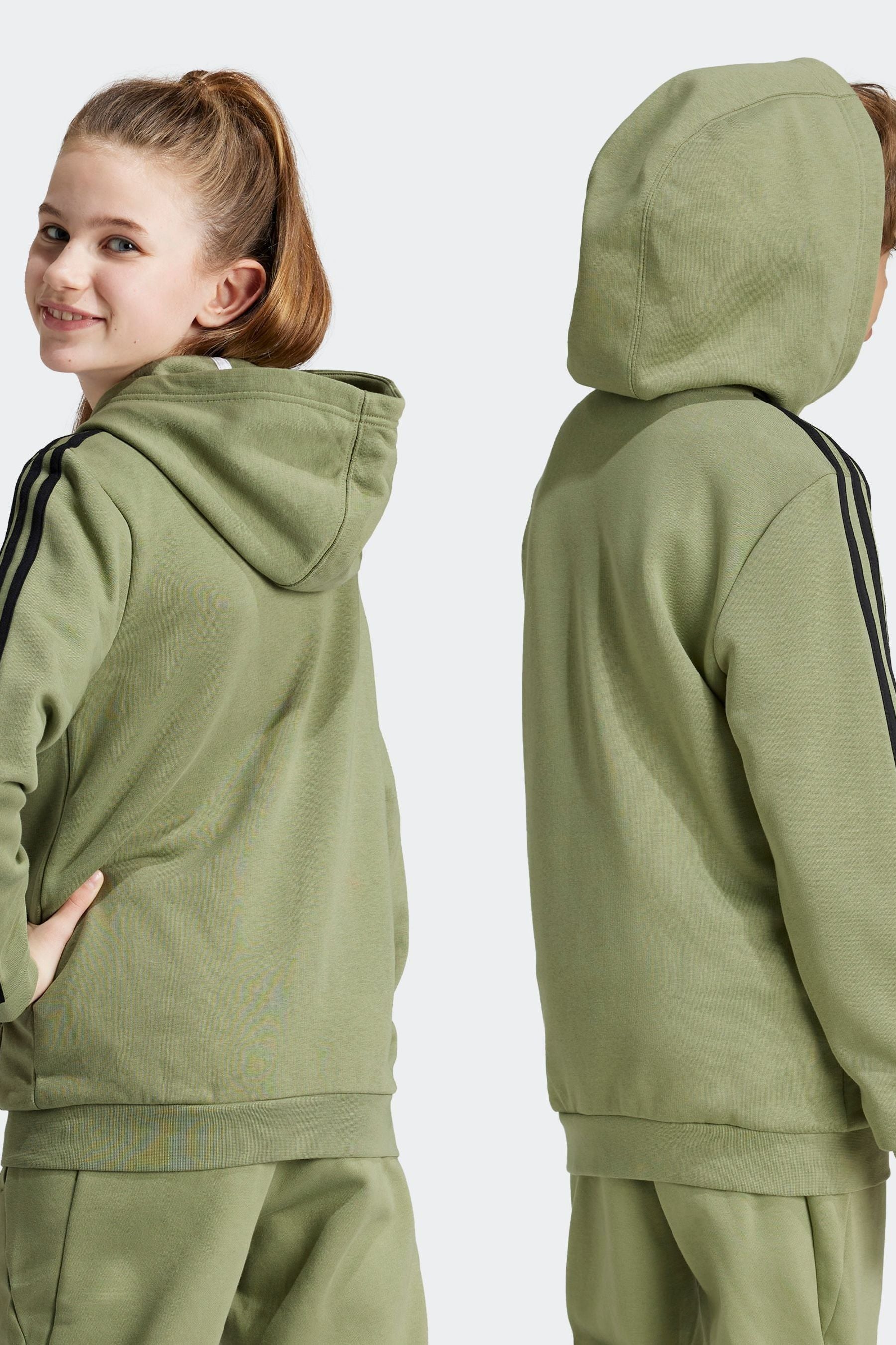 adidas Green 100% Cotton Essentials 3 Stripes Full Zip Hoodie