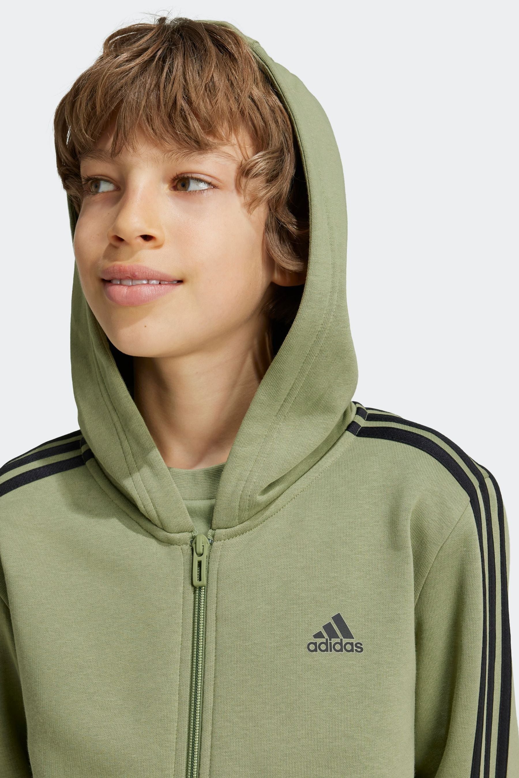 adidas Green 100% Cotton Essentials 3 Stripes Full Zip Hoodie