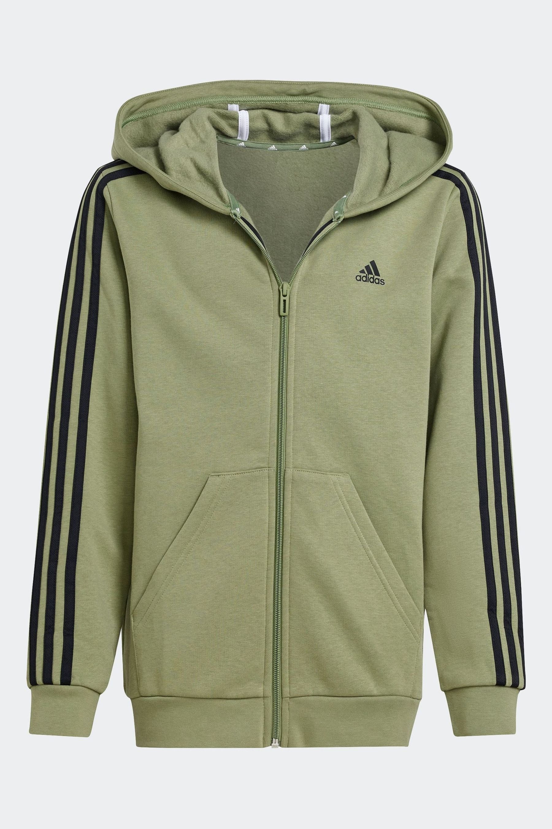 adidas Green 100% Cotton Essentials 3 Stripes Full Zip Hoodie