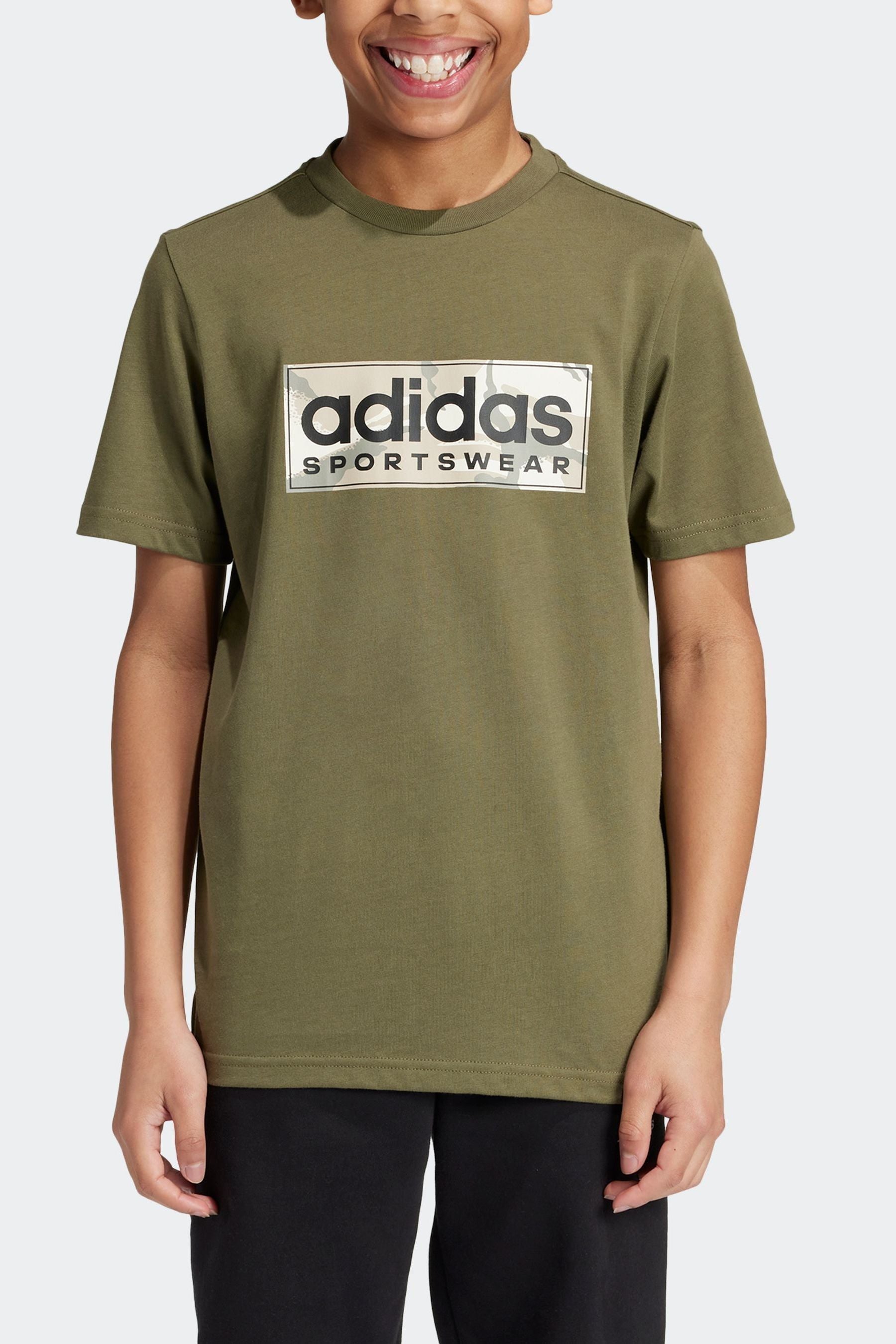 adidas Green Kids Sportswear 100% Cotton Camo Linear Graphic T-Shirt