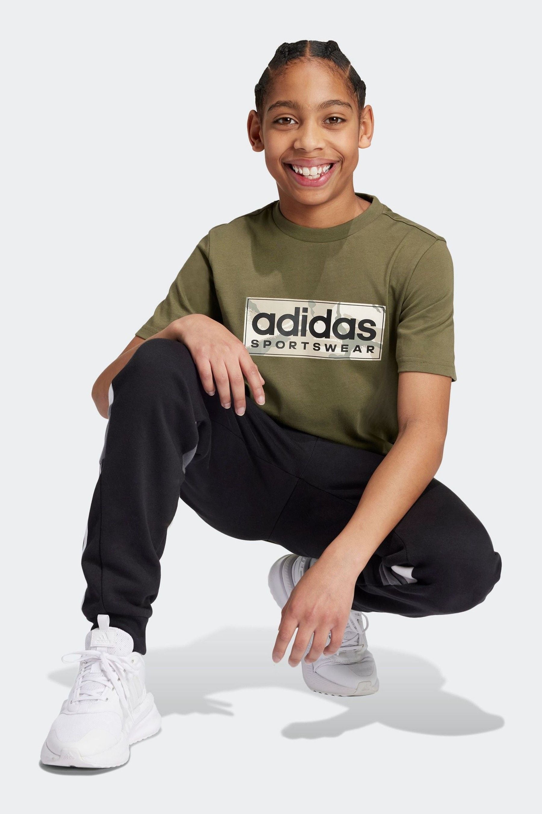 adidas Green Kids Sportswear 100% Cotton Camo Linear Graphic T-Shirt