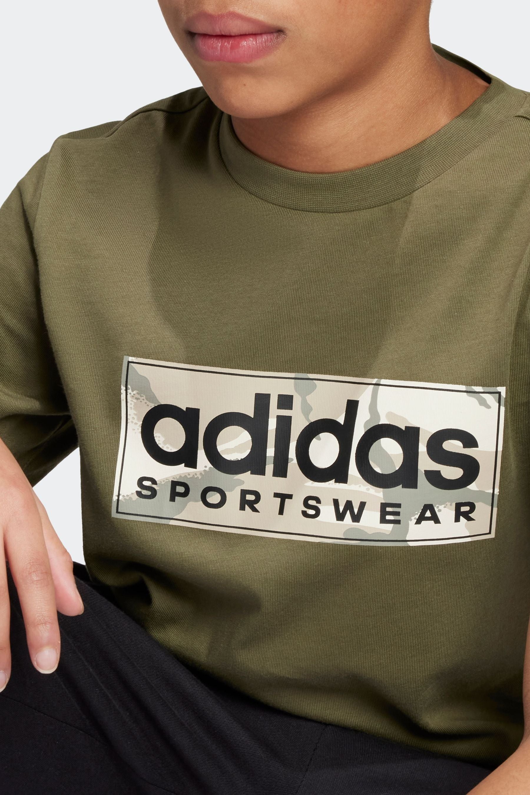 adidas Green Kids Sportswear 100% Cotton Camo Linear Graphic T-Shirt