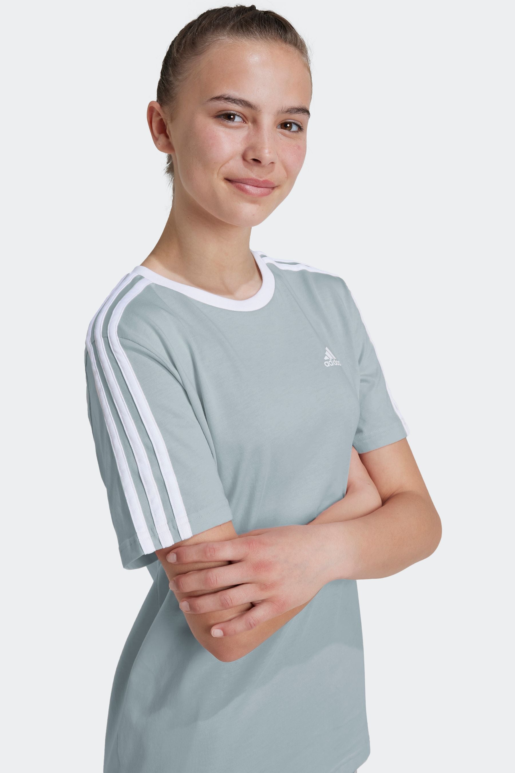 adidas Green Boyfriend Fit 100% Cotton 3-Stripe Essential T-Shirt