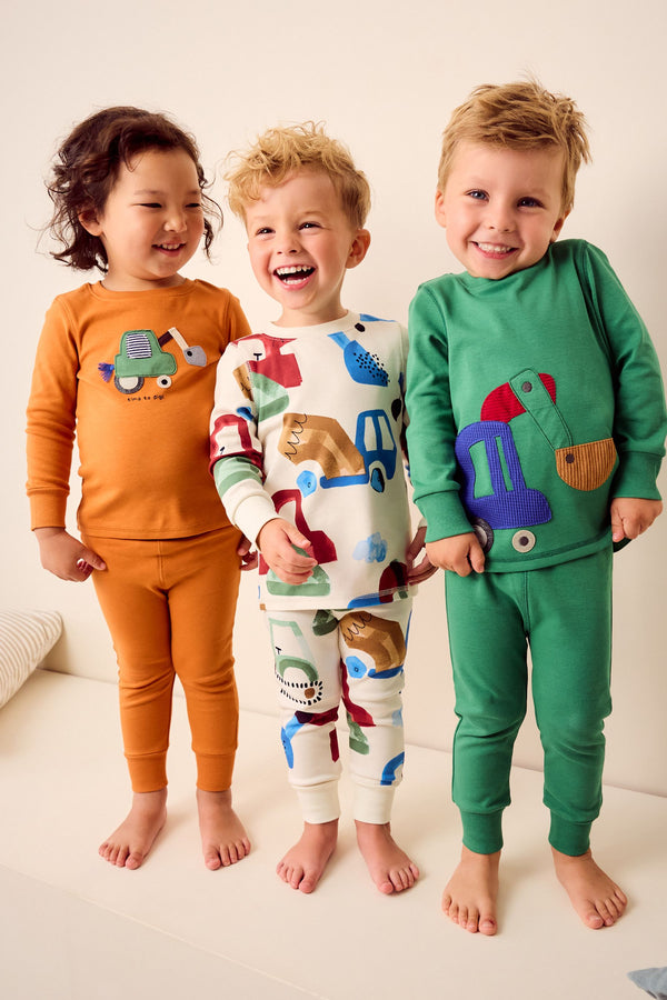 Green/Orange Transport 3 Pack Snuggle 100% Cotton Pyjamas (9mths-8yrs)