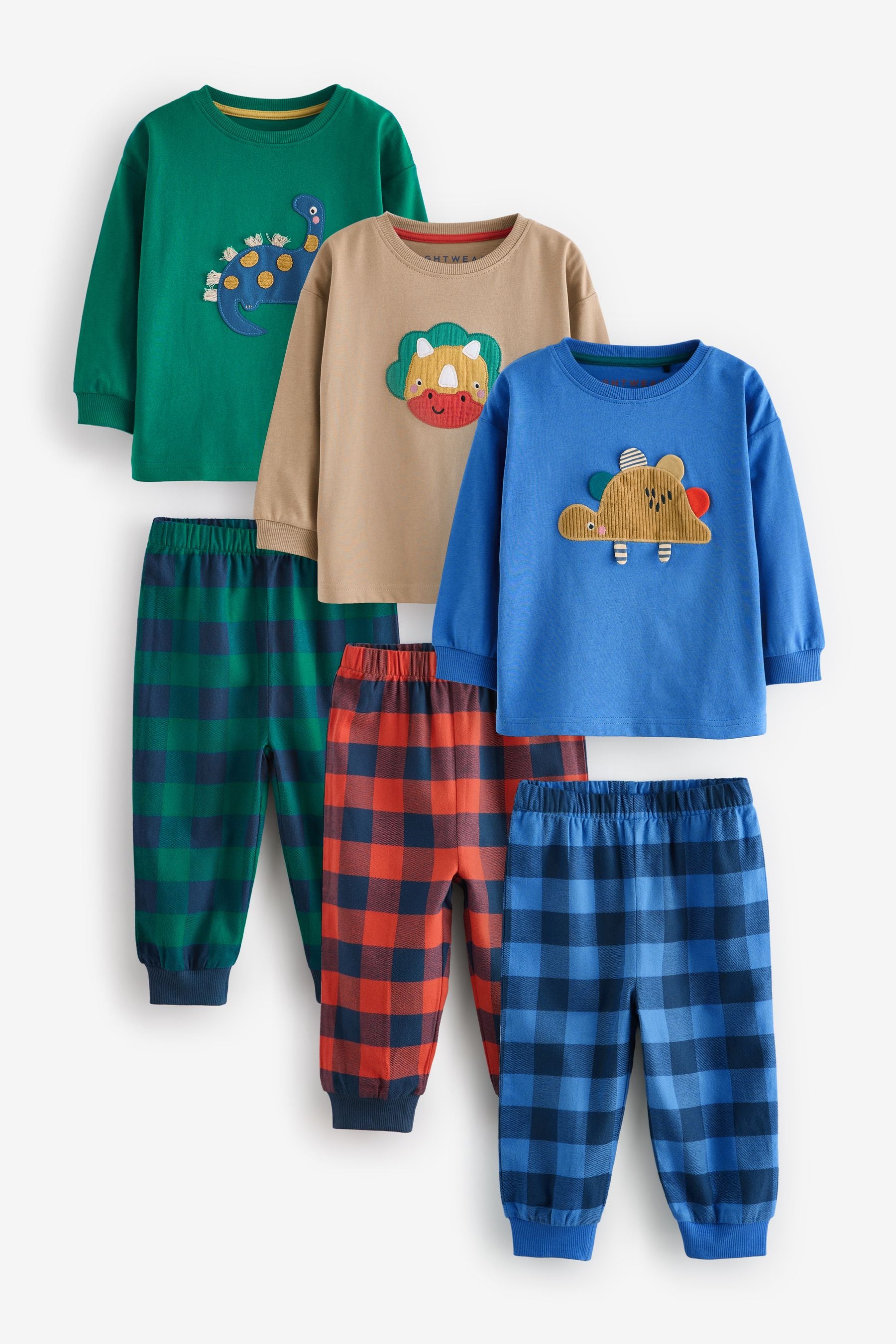 Green/Orange/Blue Dinosaur Check Woven Bottom 100% Cotton Pyjamas 3 Pack (9mths-8yrs)