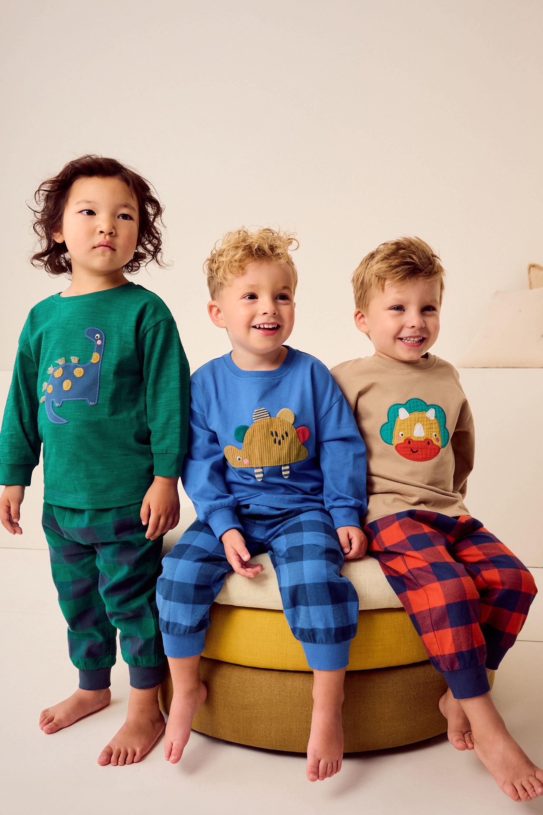 Green/Orange/Blue Dinosaur Check Woven Bottom 100% Cotton Pyjamas 3 Pack (9mths-8yrs)