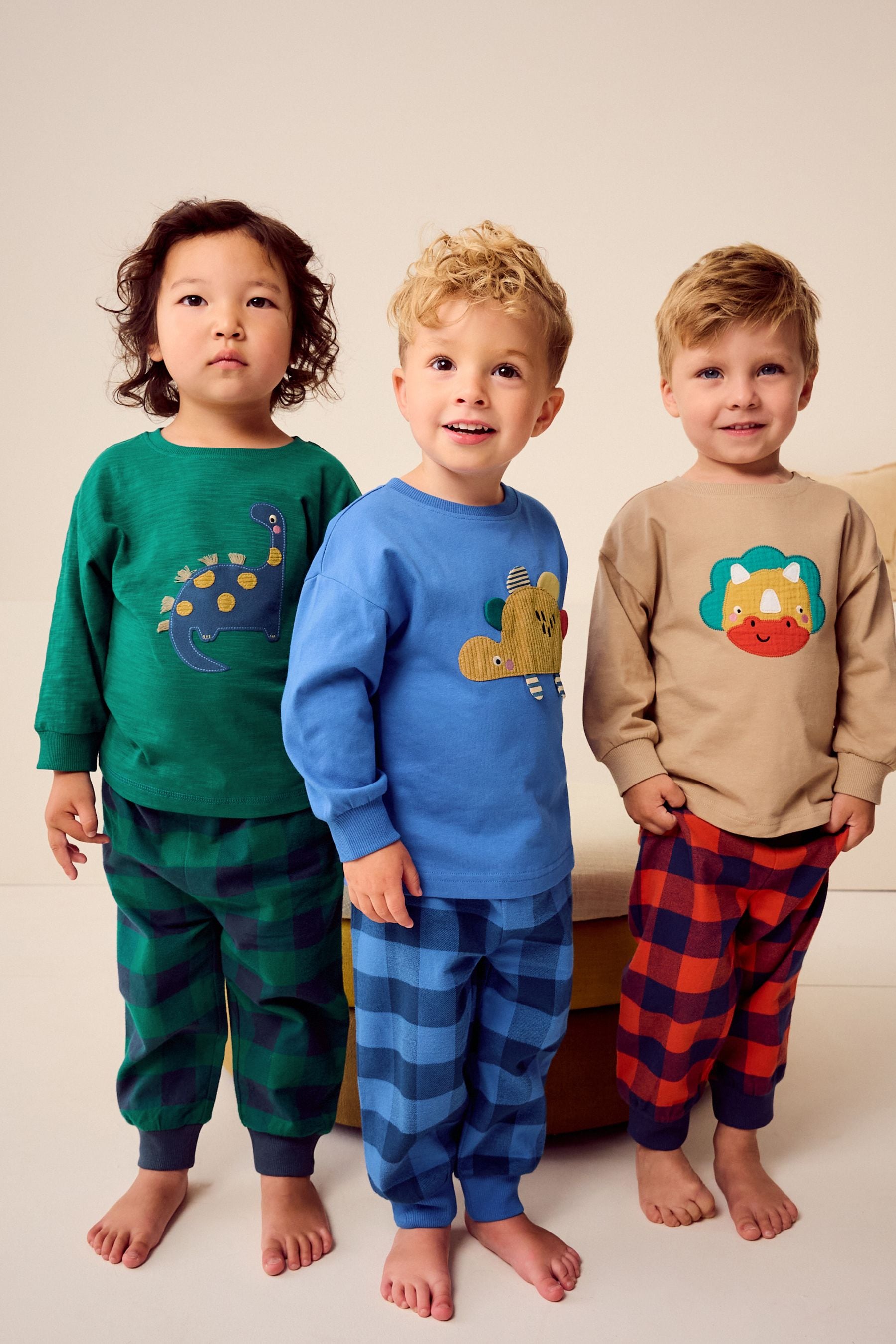 Green/Orange/Blue Dinosaur Check Woven Bottom 100% Cotton Pyjamas 3 Pack (9mths-8yrs)