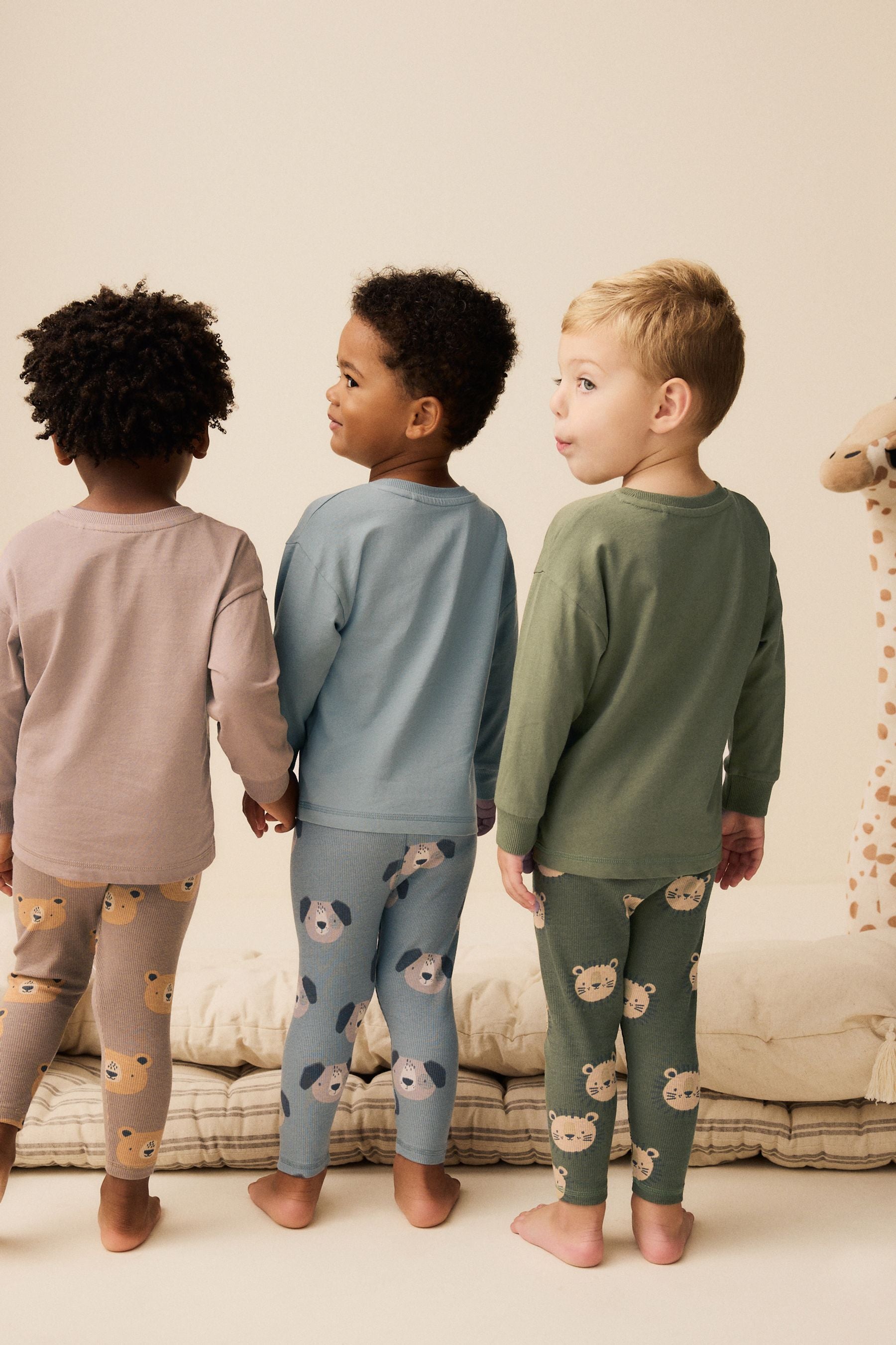 Blue/Brown/Khaki Green Animal Ribbed Leg 100% Cotton Pyjamas 3 Pack (9mths-8yrs)