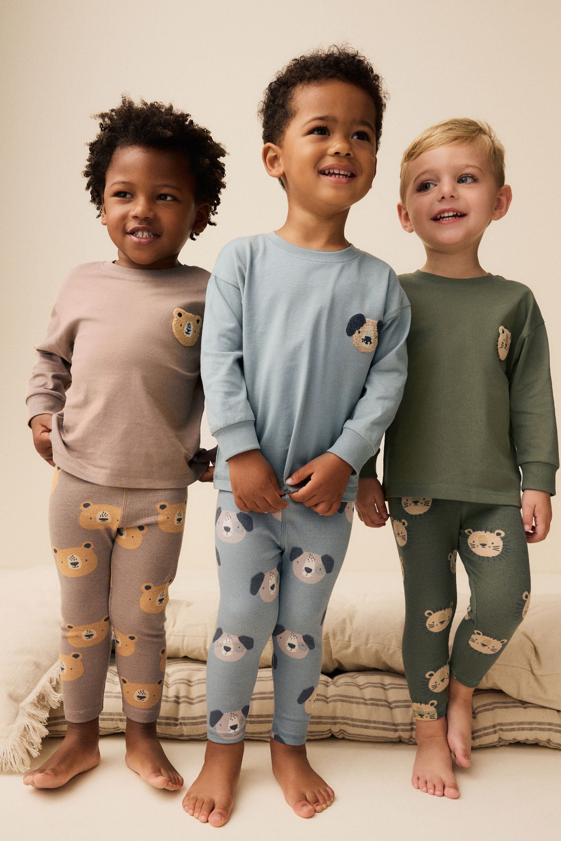 Blue/Brown/Khaki Green Animal 3 Pack Ribbed Leg 100% Cotton Pyjamas (9mths-8yrs)