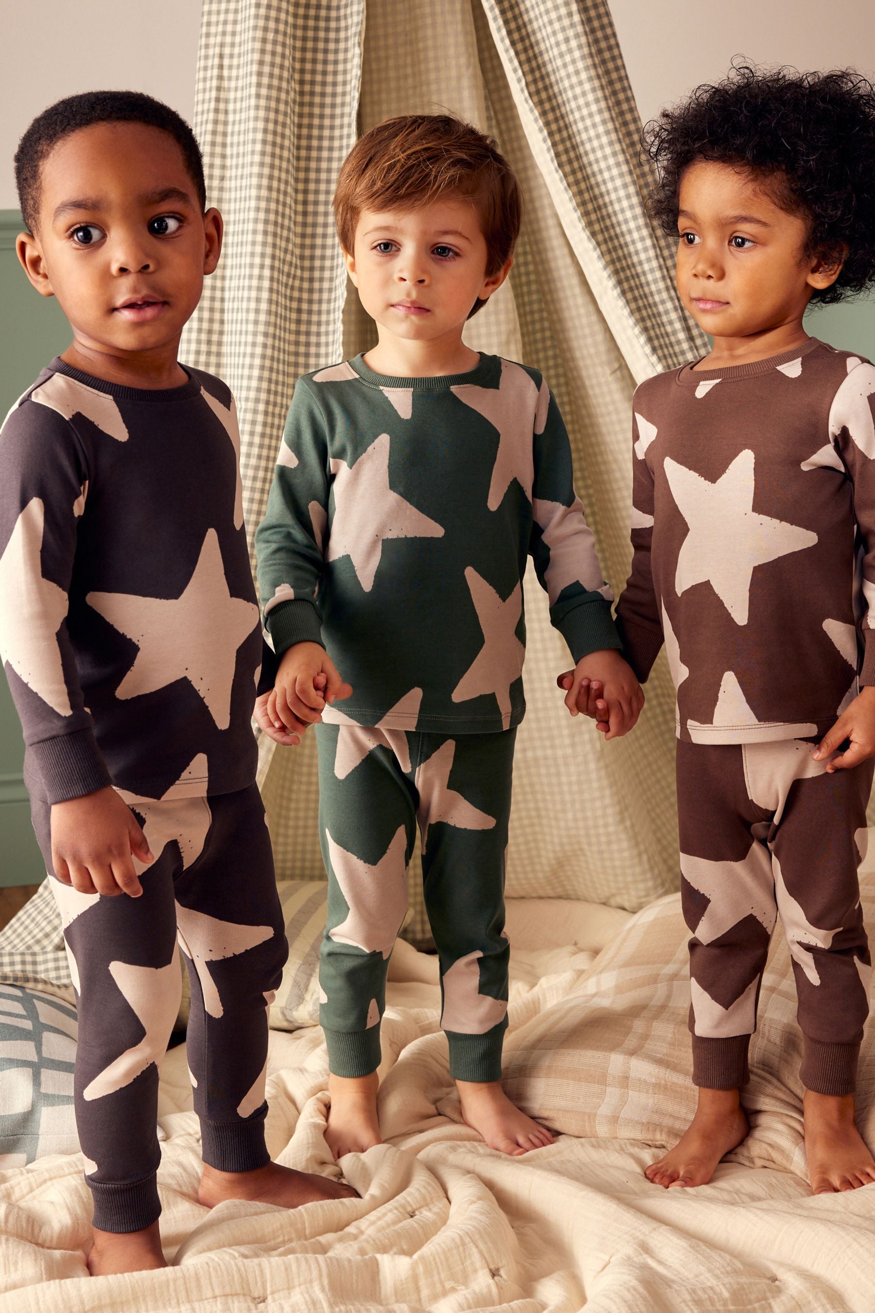 Green/Ecru/Brown Stars Snuggle 100% Cotton Pyjamas 3 Pack (9mths-10yrs)