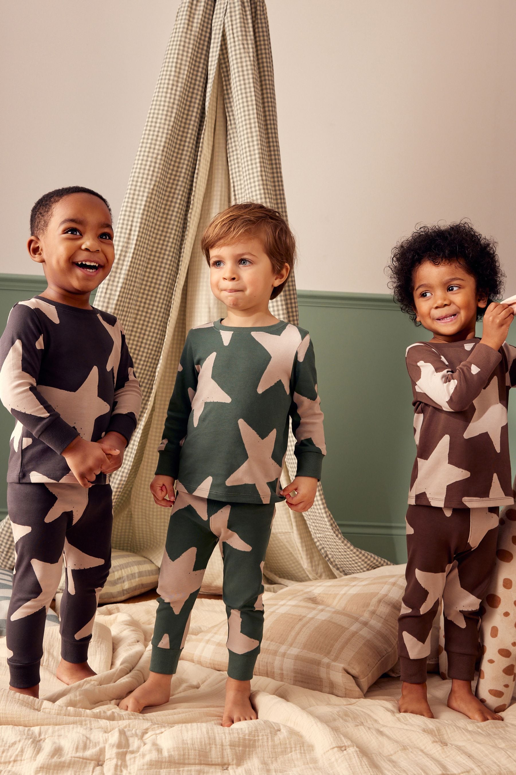 Green/Ecru/Brown Stars Snuggle 100% Cotton Pyjamas 3 Pack (9mths-10yrs)