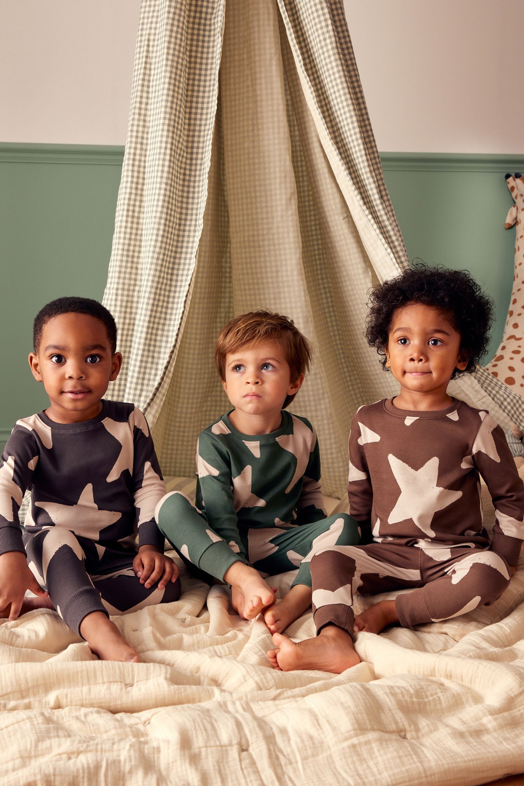 Green/Ecru/Brown Stars Snuggle 100% Cotton Pyjamas 3 Pack (9mths-10yrs)