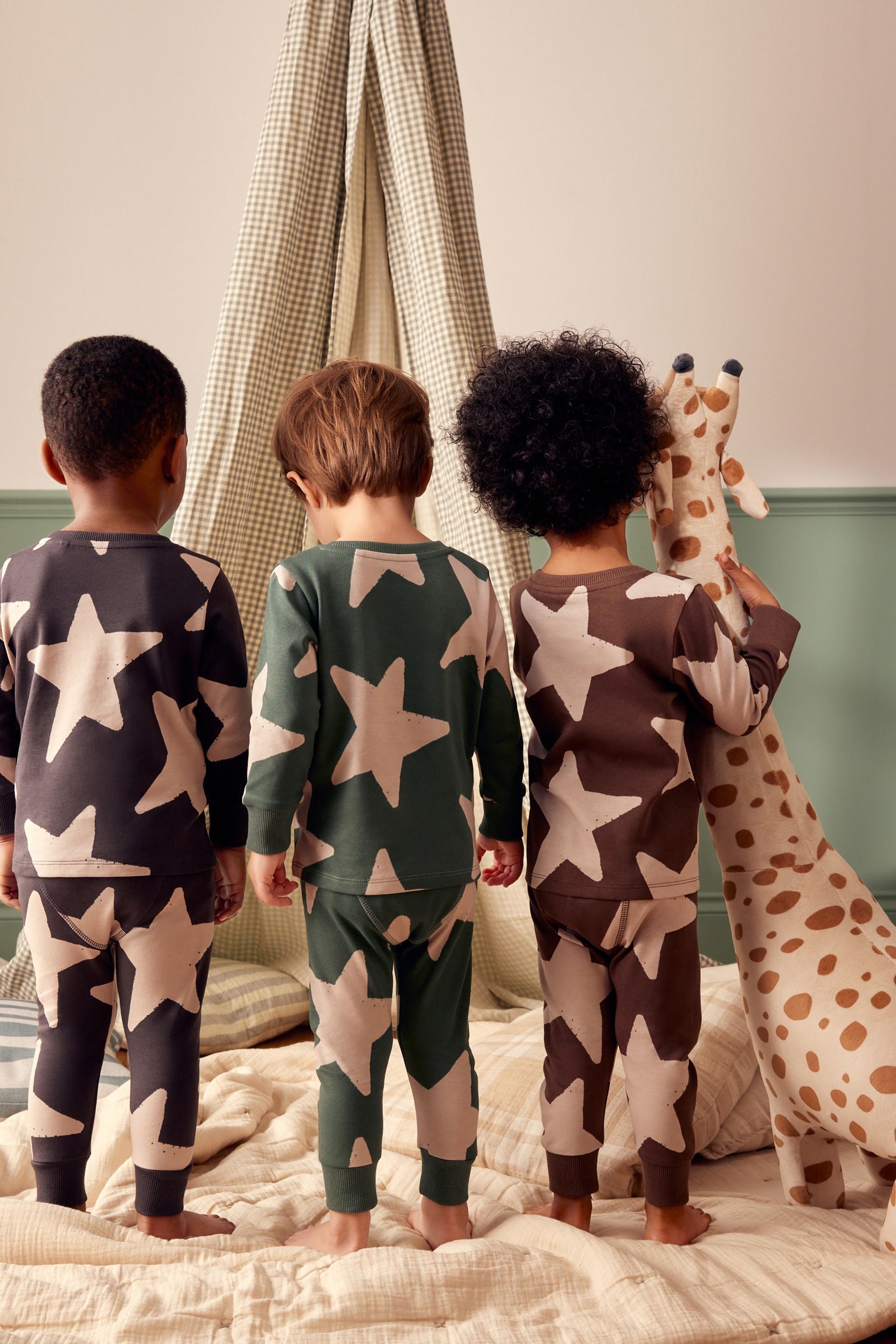 Green/Ecru/Brown Stars Snuggle 100% Cotton Pyjamas 3 Pack (9mths-10yrs)