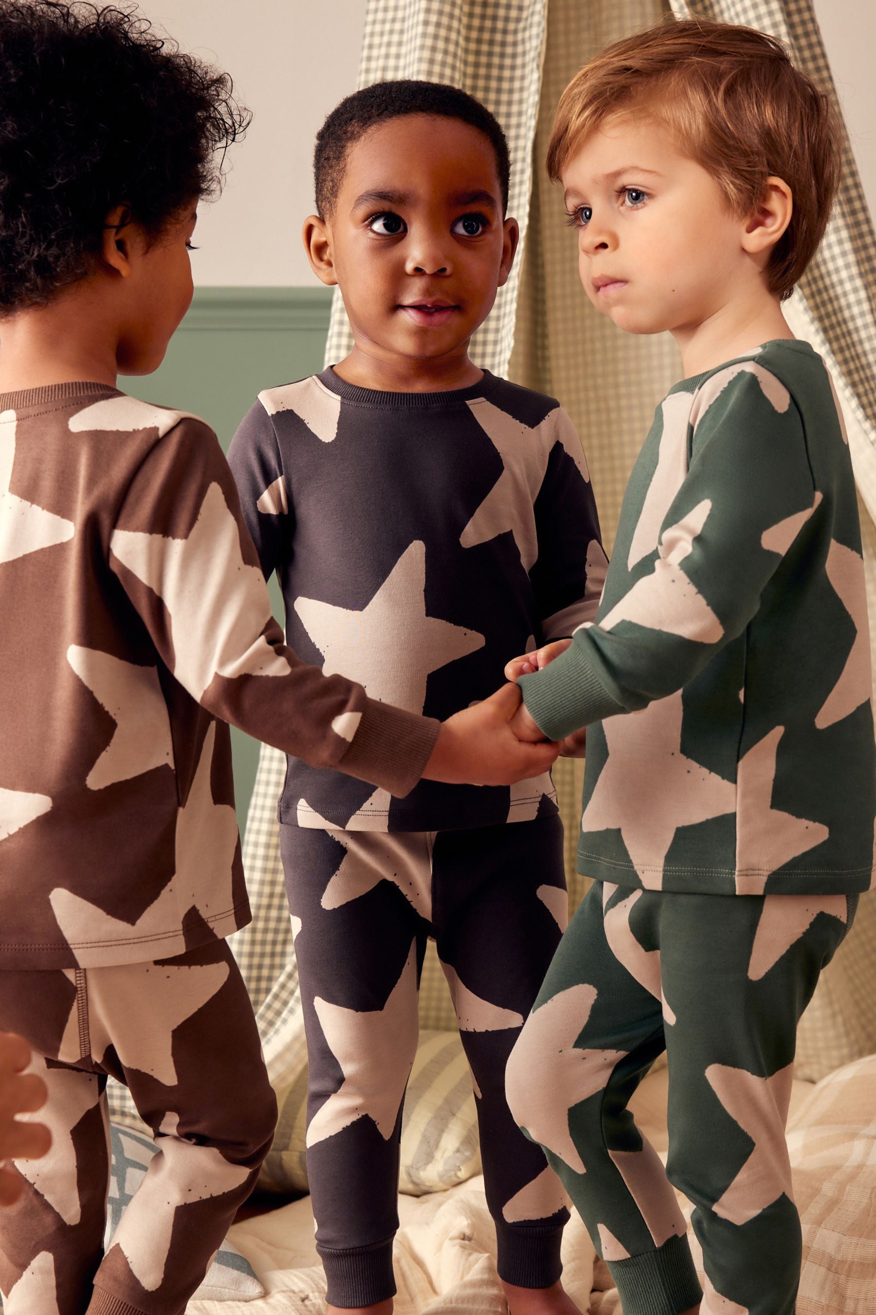 Green/Ecru/Brown Stars Snuggle 100% Cotton Pyjamas 3 Pack (9mths-10yrs)