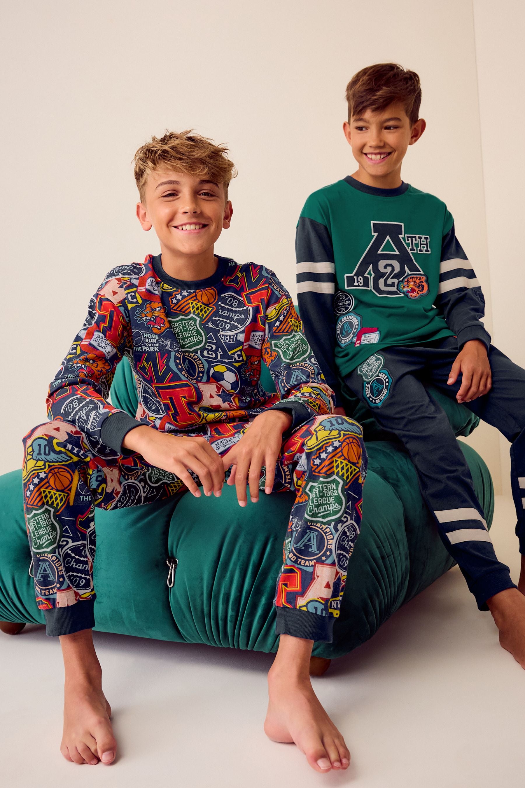 Blue/Green Varsity 100% Cotton Long Sleeve Pyjamas 2 Pack (3-16yrs)