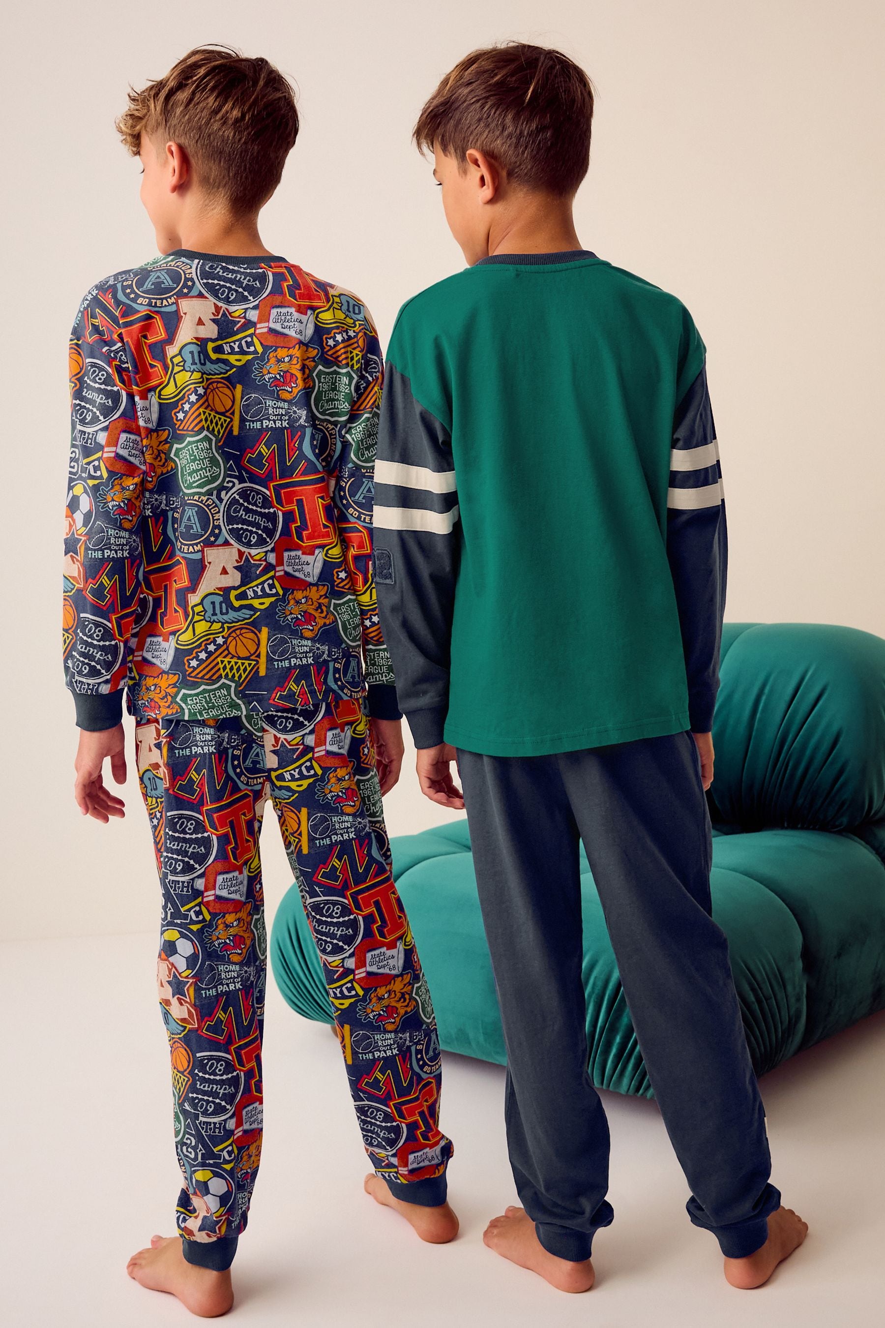 Blue/Green Varsity 100% Cotton Long Sleeve Pyjamas 2 Pack (3-16yrs)