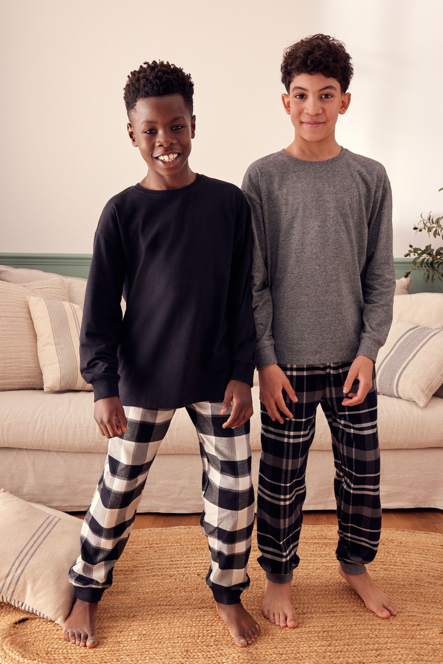 Monochrome Long Sleeve Woven Check 100% Cotton Pyjamas 2 Pack (3-16yrs)