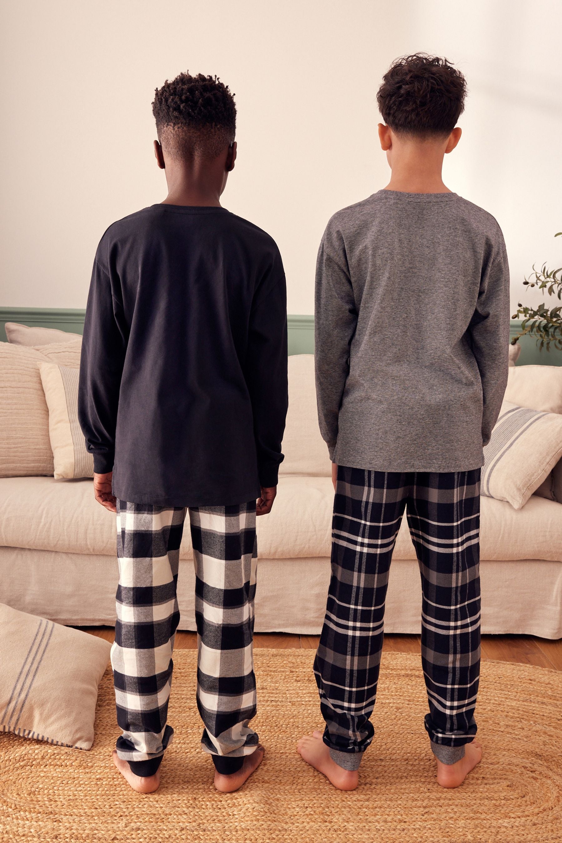 Monochrome Long Sleeve Woven Check 100% Cotton Pyjamas 2 Pack (3-16yrs)