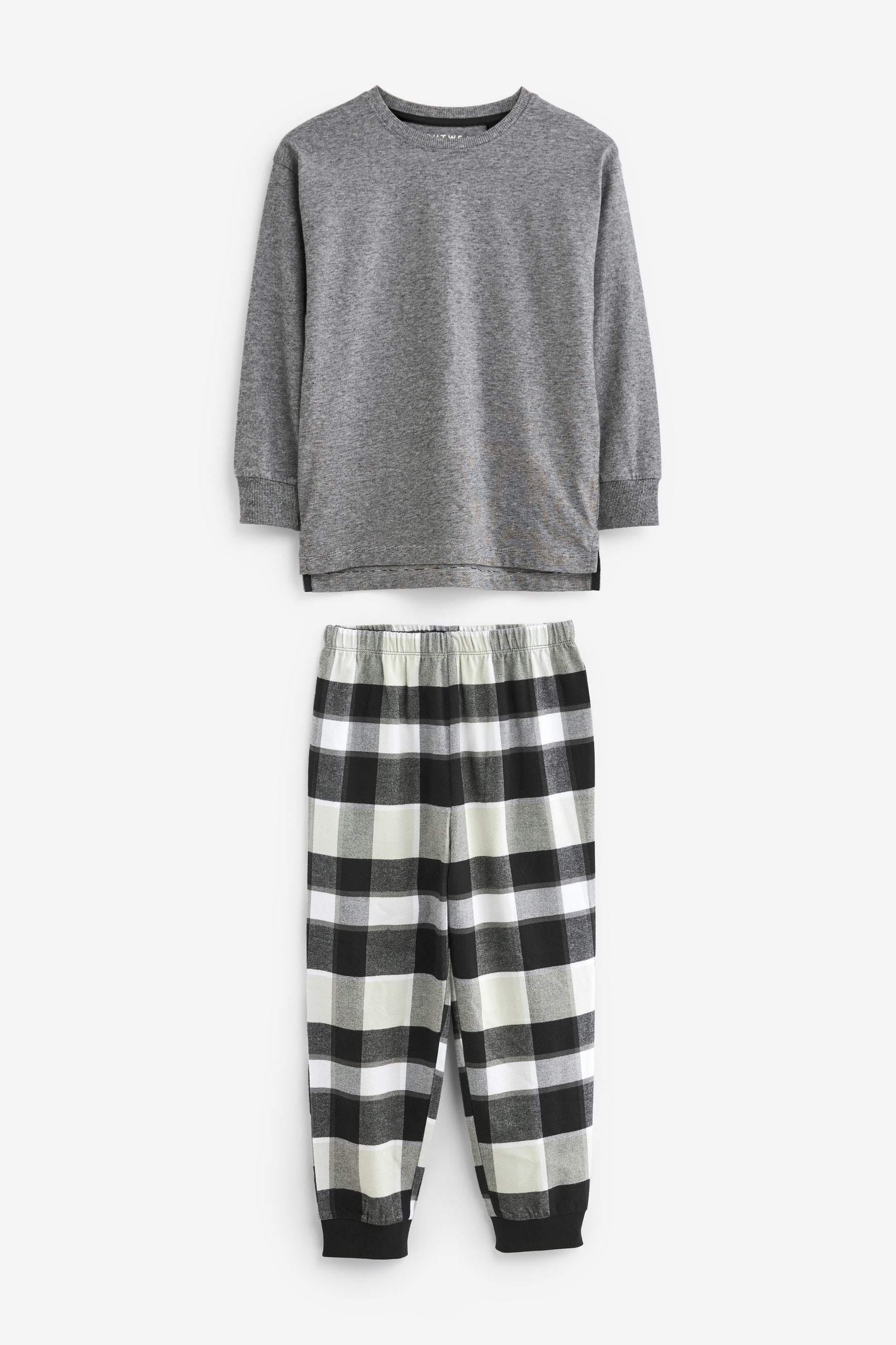 Monochrome Long Sleeve Woven Check 100% Cotton Pyjamas 2 Pack (3-16yrs)