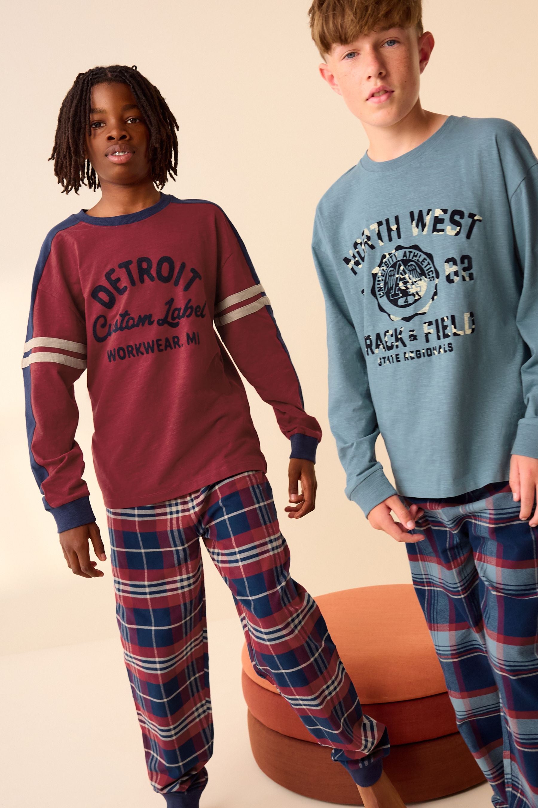 Red/Blue Varsity 2 Pack Long Sleeve Woven Check 100% Cotton Pyjamas (3-16yrs)