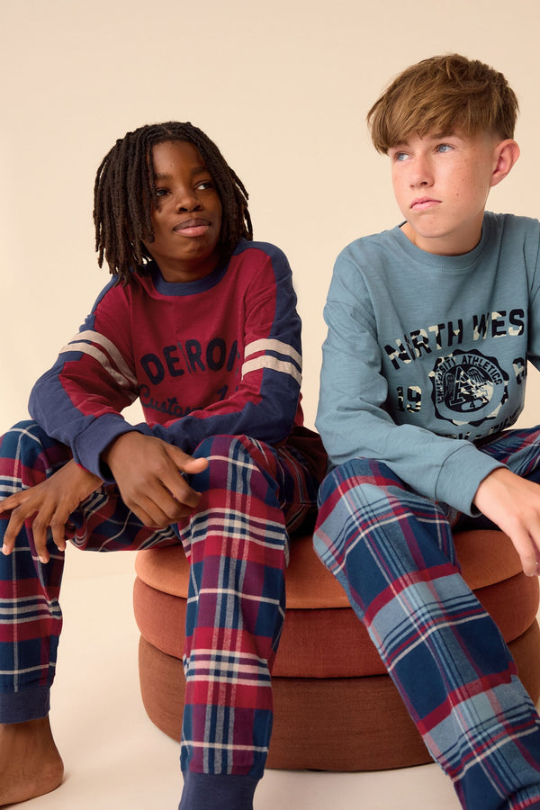 Red/Blue Varsity 2 Pack Long Sleeve Woven Check 100% Cotton Pyjamas (3-16yrs)